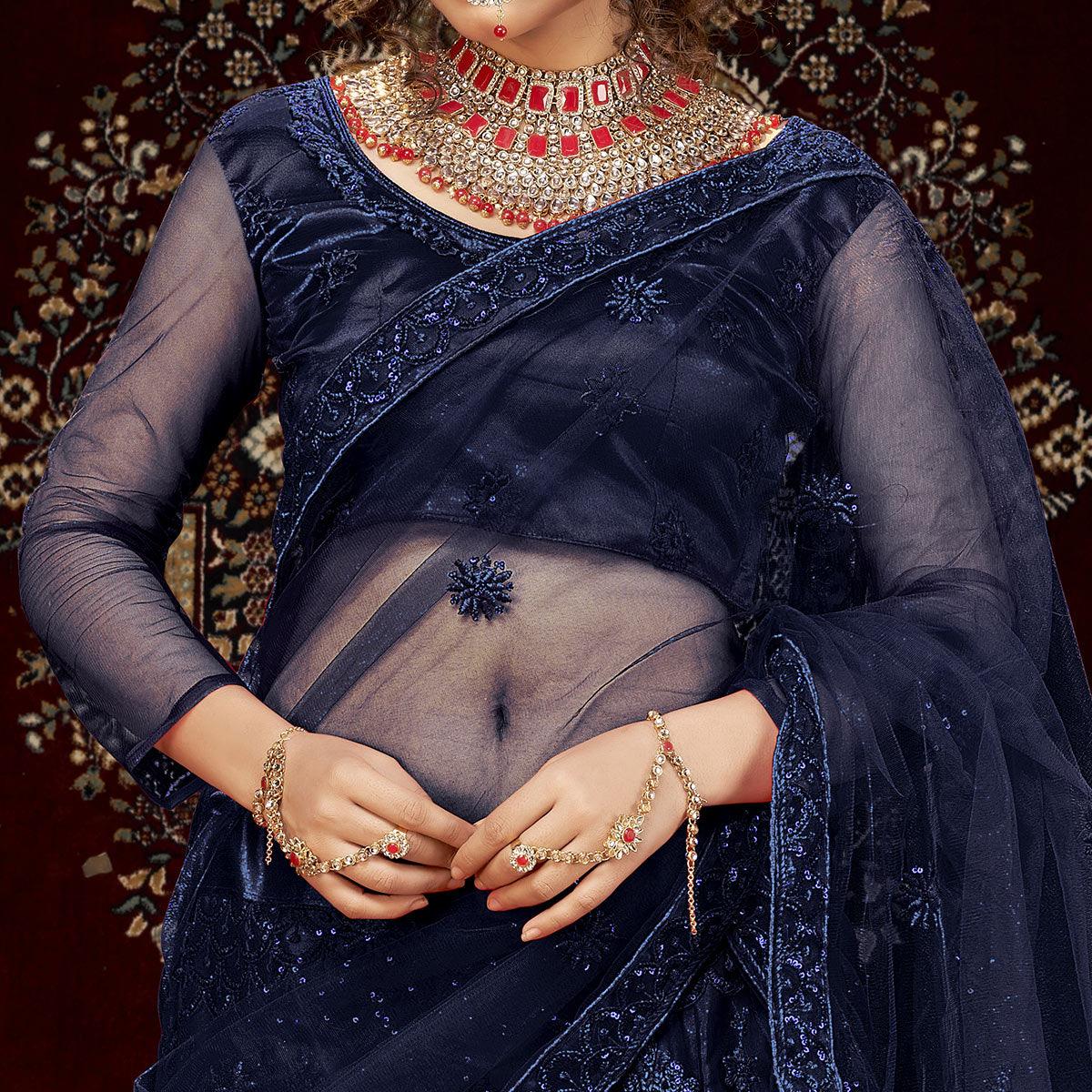 Blue Partywear Multi Sequence Embroidered Net Lehenga Choli - Peachmode