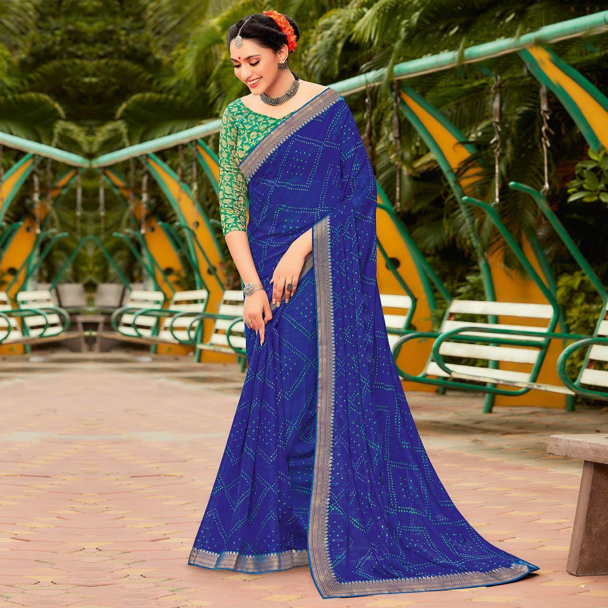 Blue Partywear Printed Chiffon Saree With Border - Peachmode