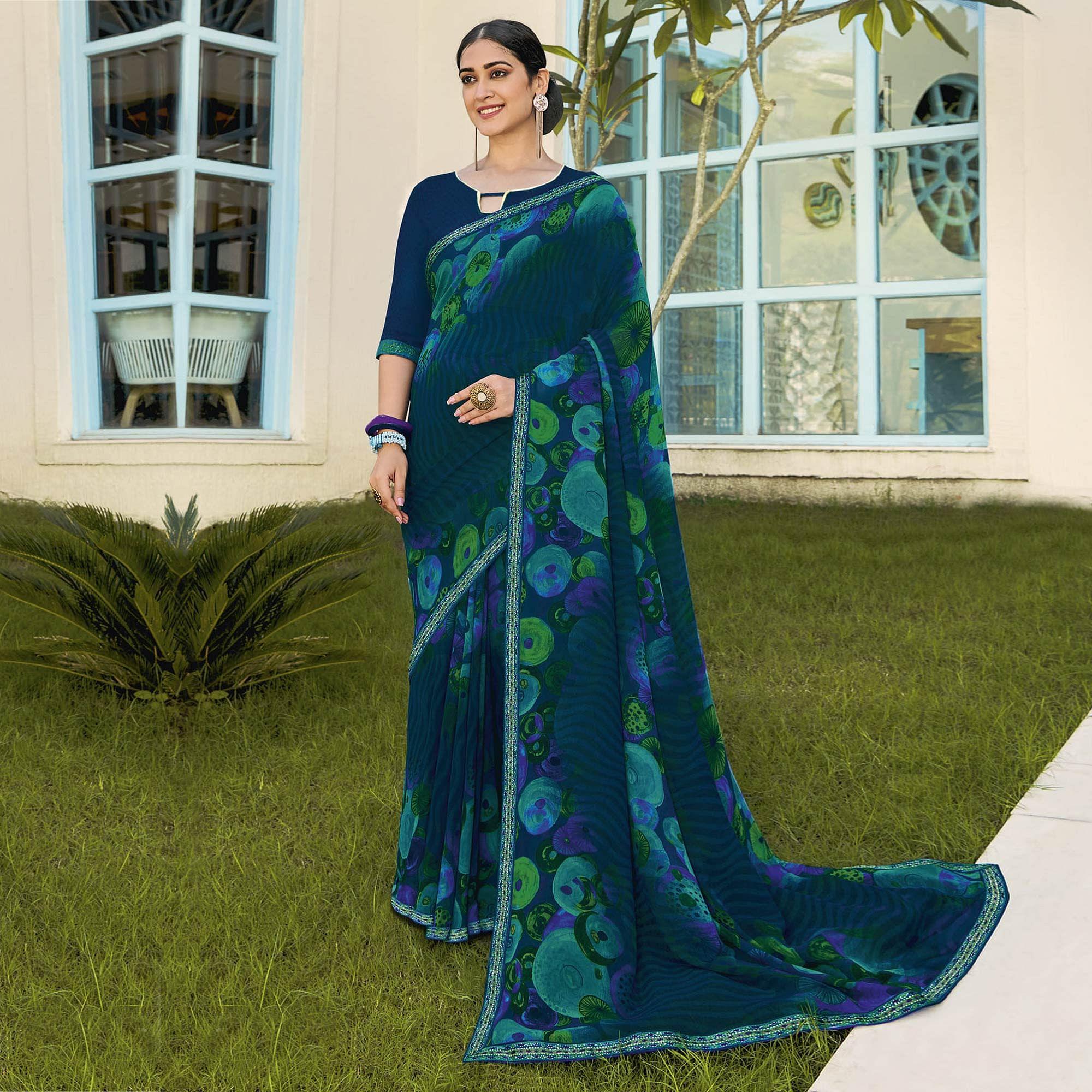Blue Partywear Printed Georgette Saree - Peachmode
