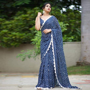 Blue Partywear Printed Georgette Saree With Coding Cutwork Lace - Peachmode