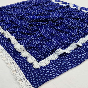 Blue Partywear Printed Georgette Saree With Coding Cutwork Lace - Peachmode