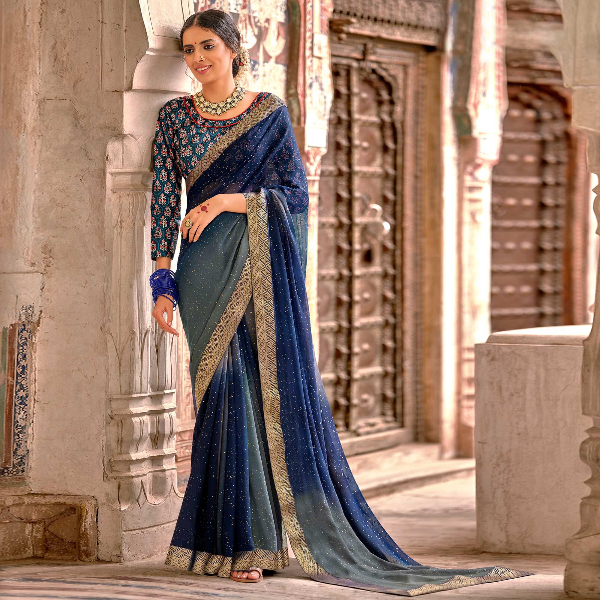 Blue Partywear Printed Georgette Saree With Gold Zari - Peachmode