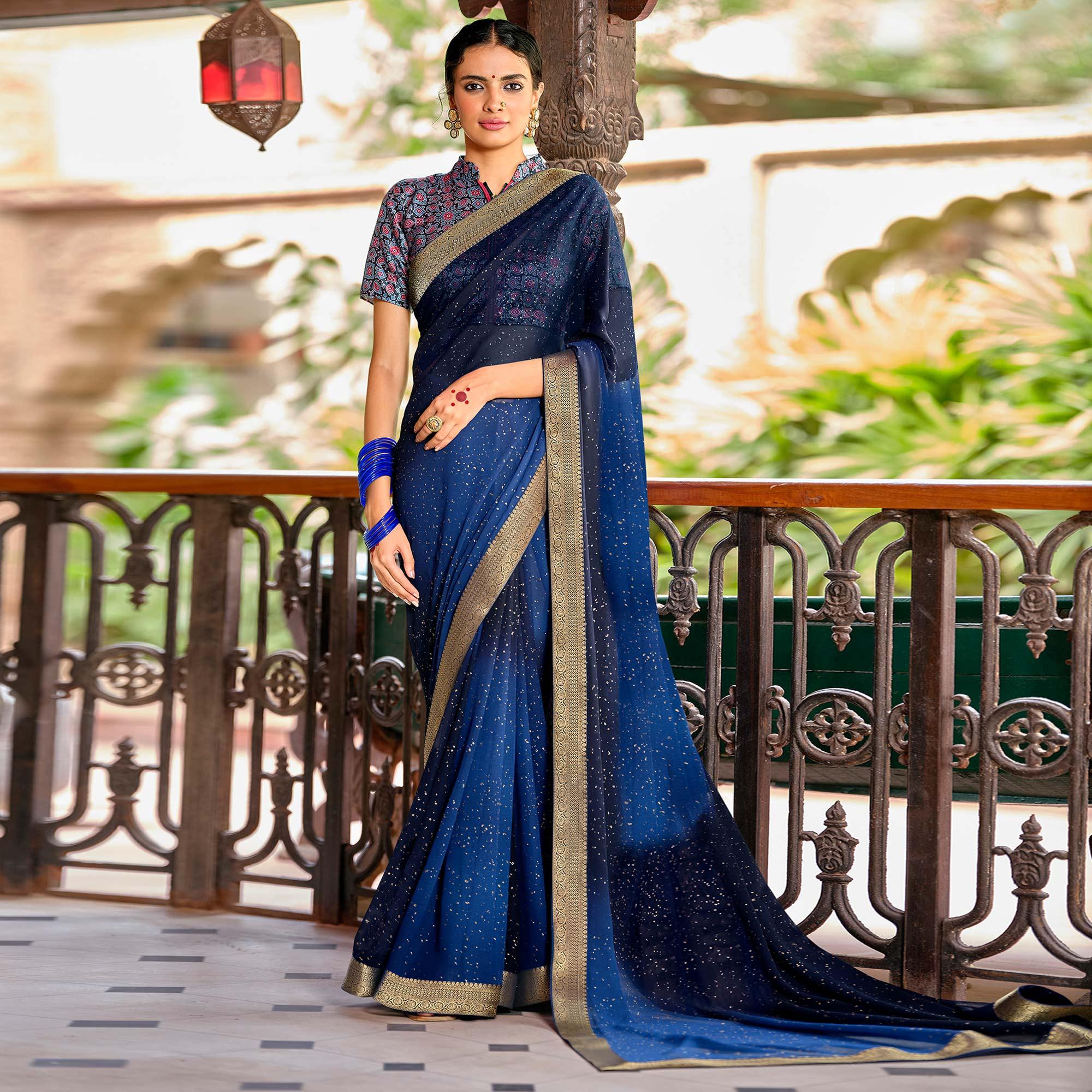 Blue Partywear Printed Georgette Saree With Gold Zari - Peachmode