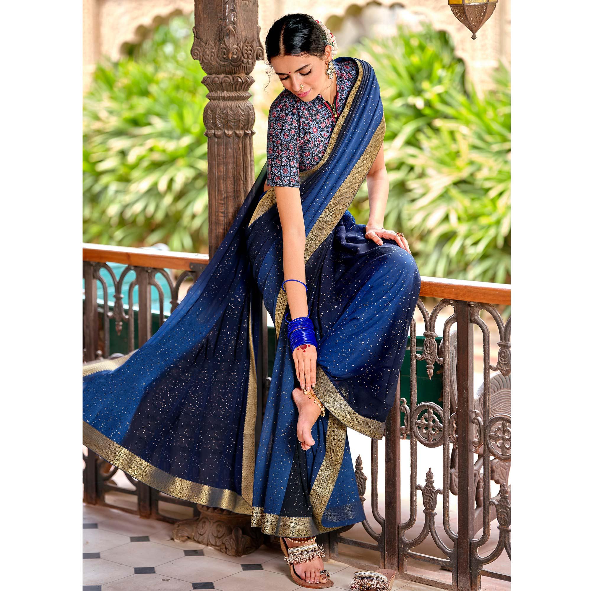 Blue Partywear Printed Georgette Saree With Gold Zari - Peachmode