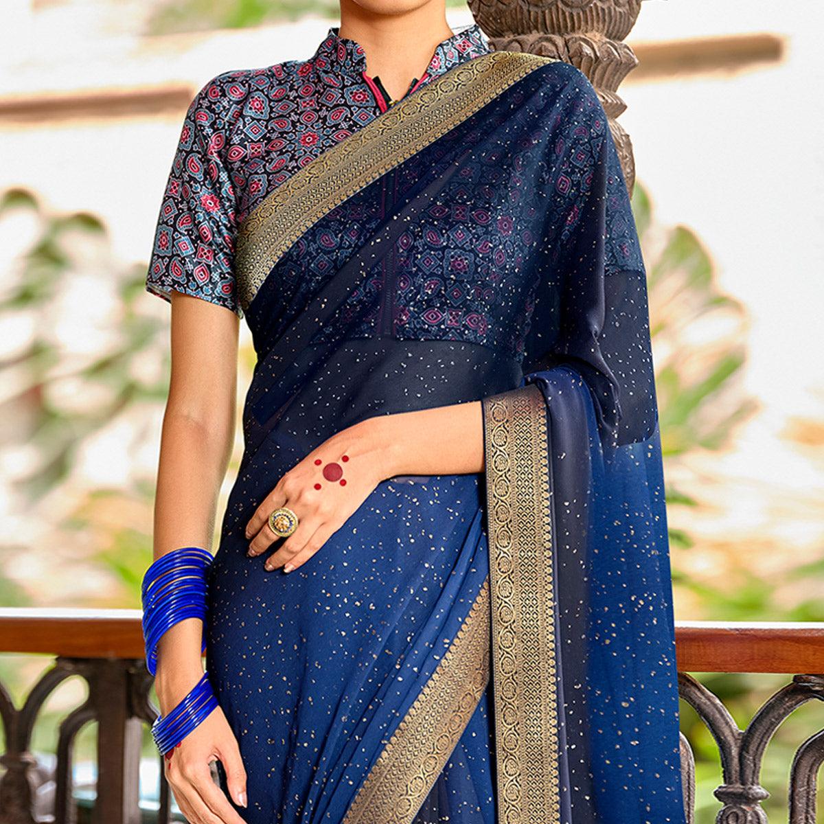 Blue Partywear Printed Georgette Saree With Gold Zari - Peachmode