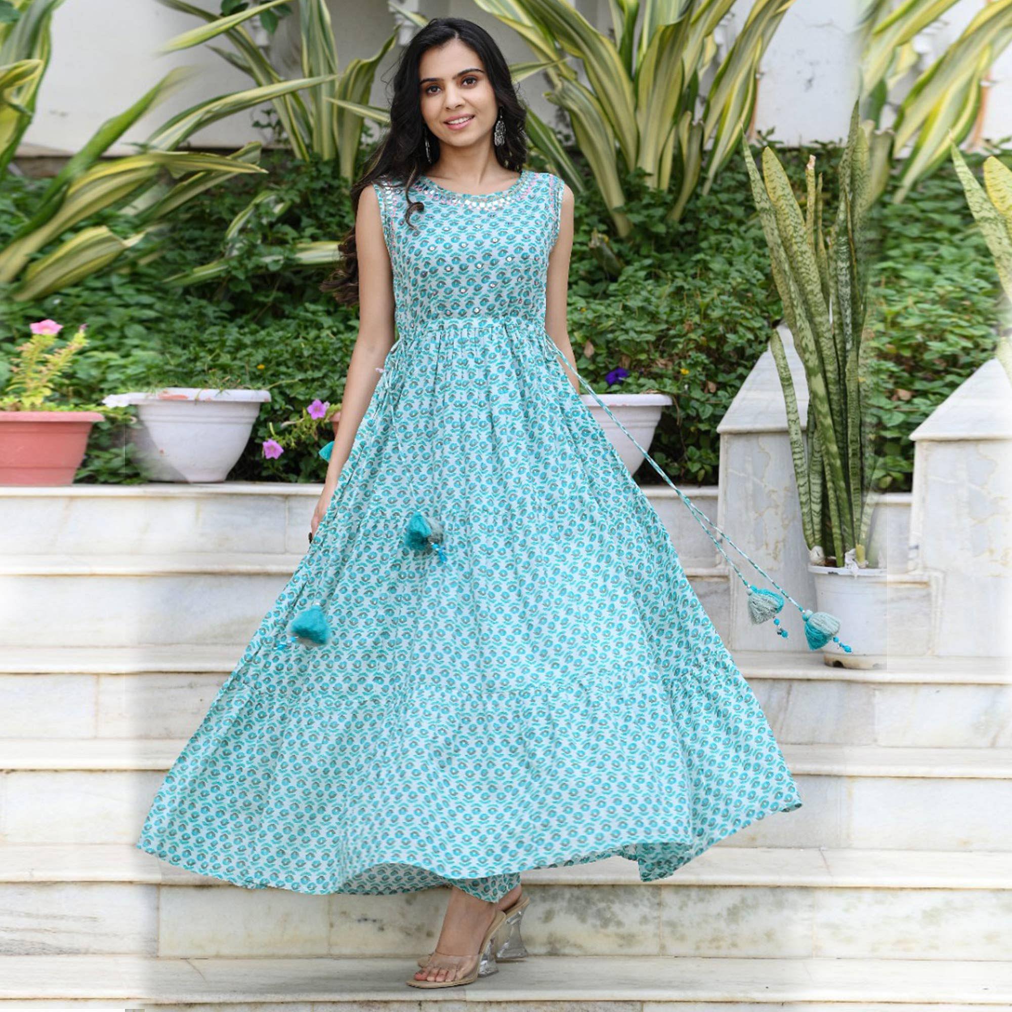 Blue Partywear Printed With Embellished Cotton Dress - Peachmode