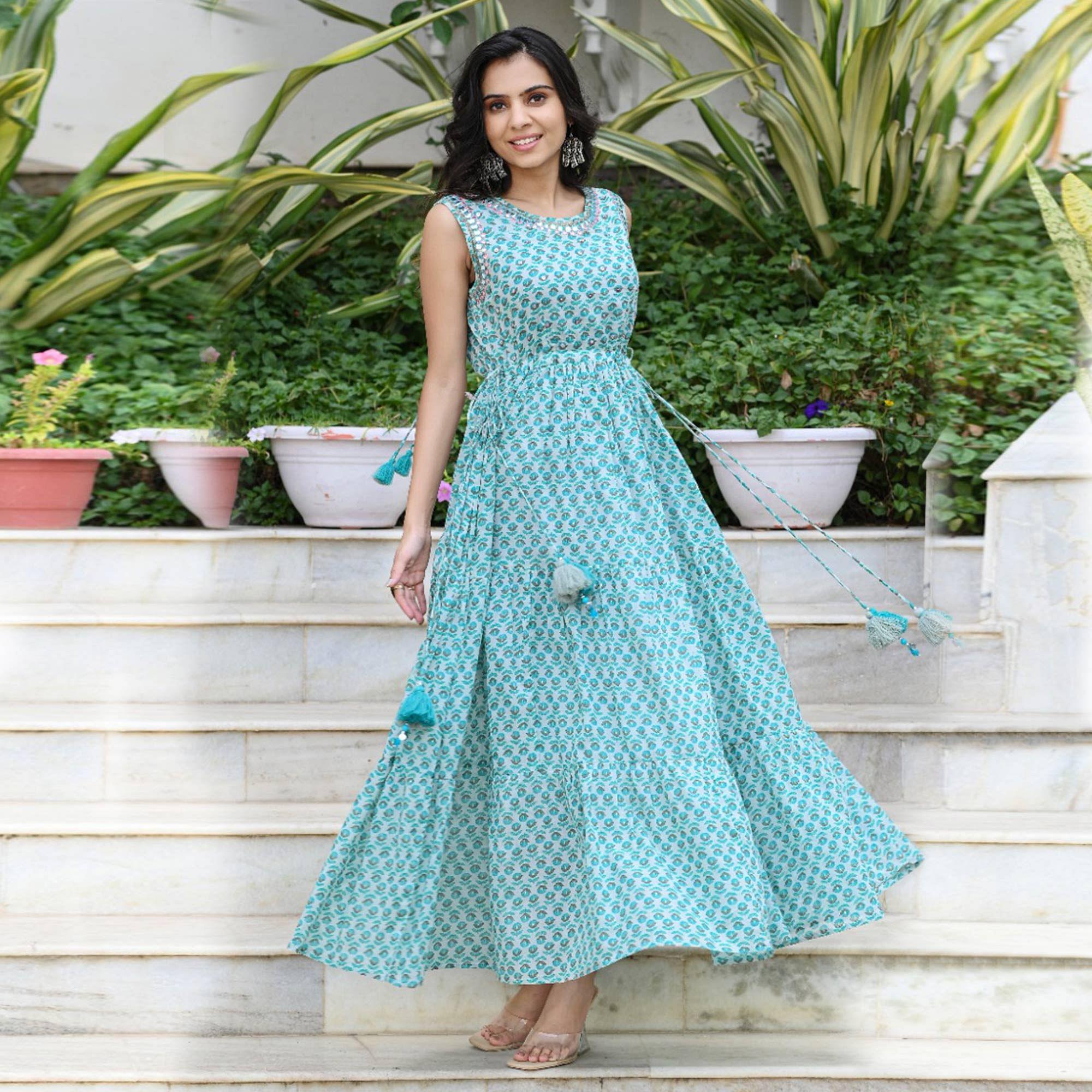 Blue Partywear Printed With Embellished Cotton Dress - Peachmode