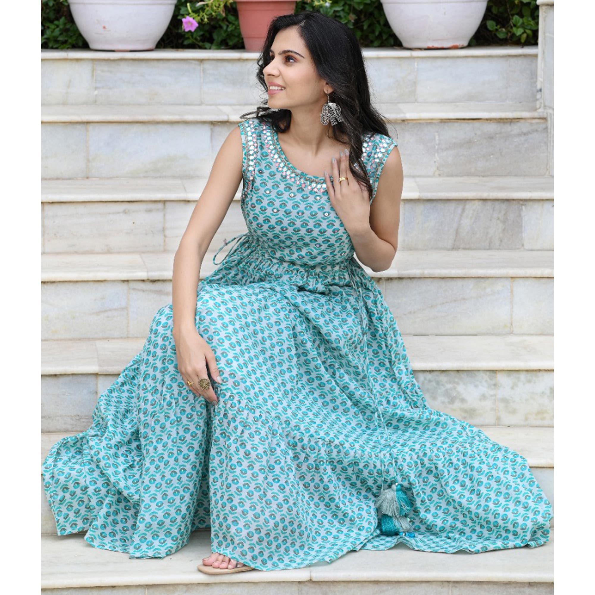 Blue Partywear Printed With Embellished Cotton Dress - Peachmode
