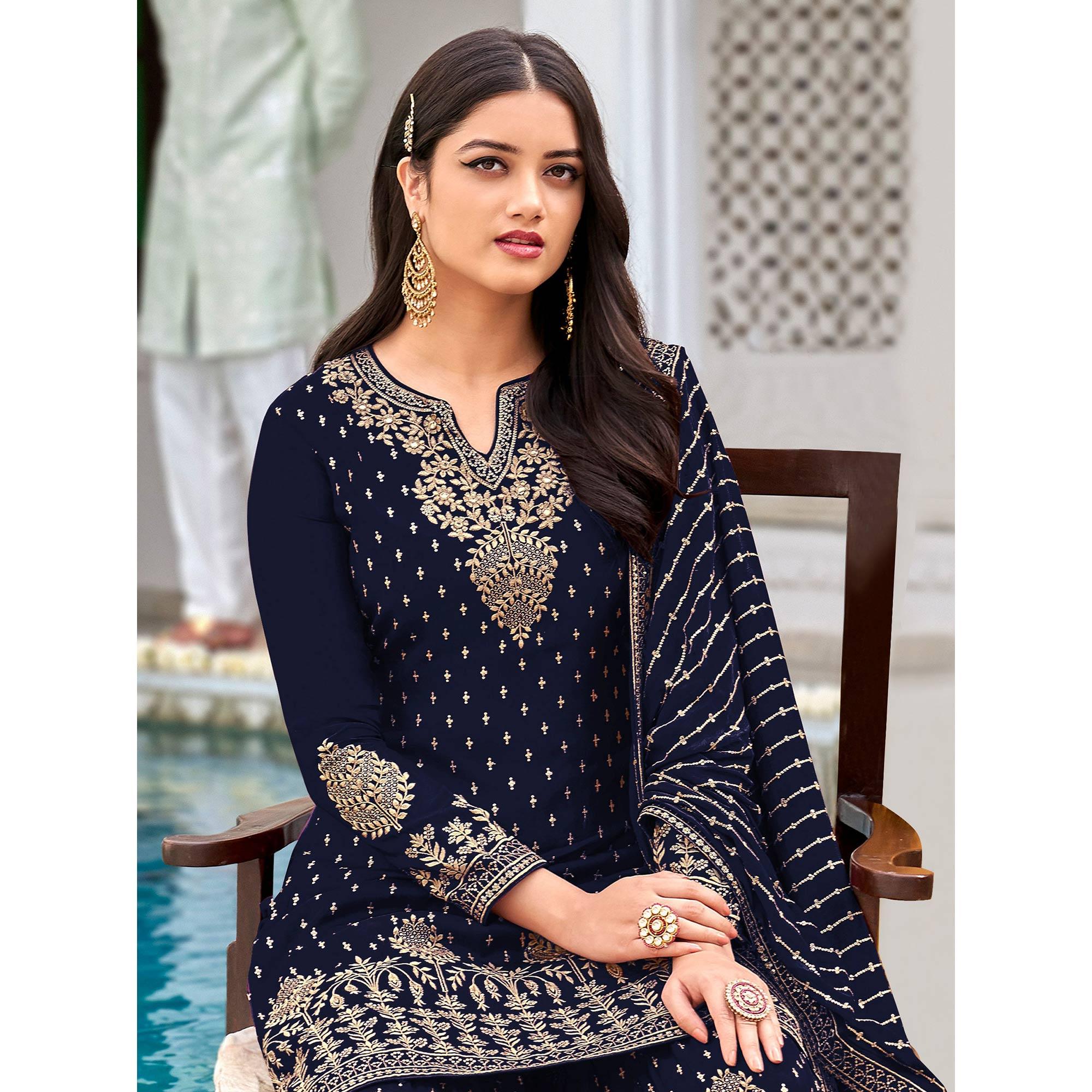 Blue Partywear Sequence & Embroidered Faux Georgette Salwar Suit - Peachmode