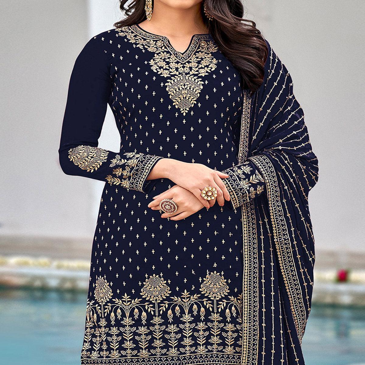 Blue Partywear Sequence & Embroidered Faux Georgette Salwar Suit - Peachmode