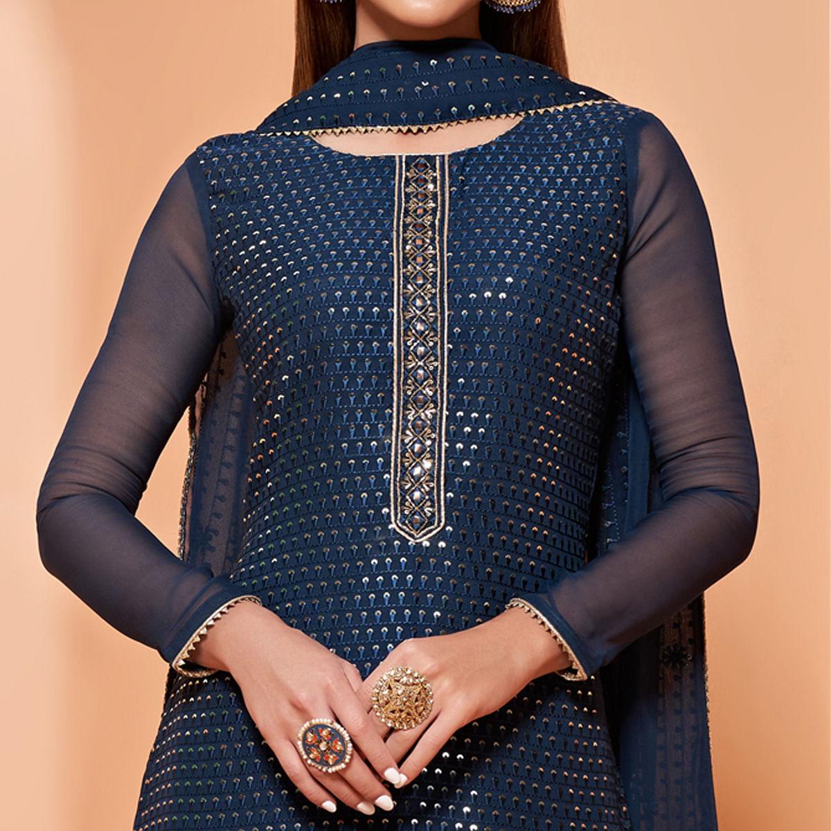 Blue Partywear Sequence & Thread Embroidered Pure Georgette Palazzo Suit - Peachmode