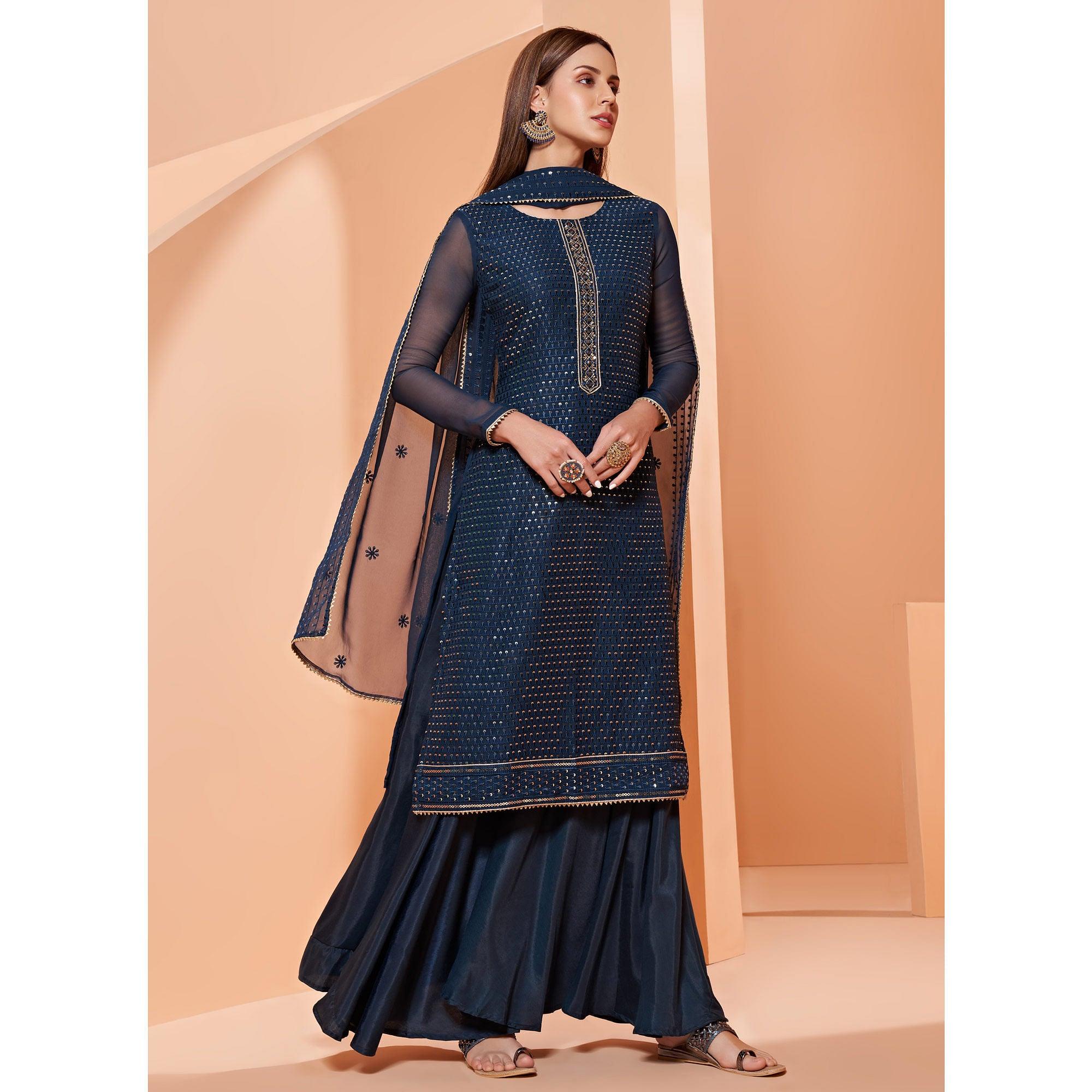 Blue Partywear Sequence & Thread Embroidered Pure Georgette Palazzo Suit - Peachmode