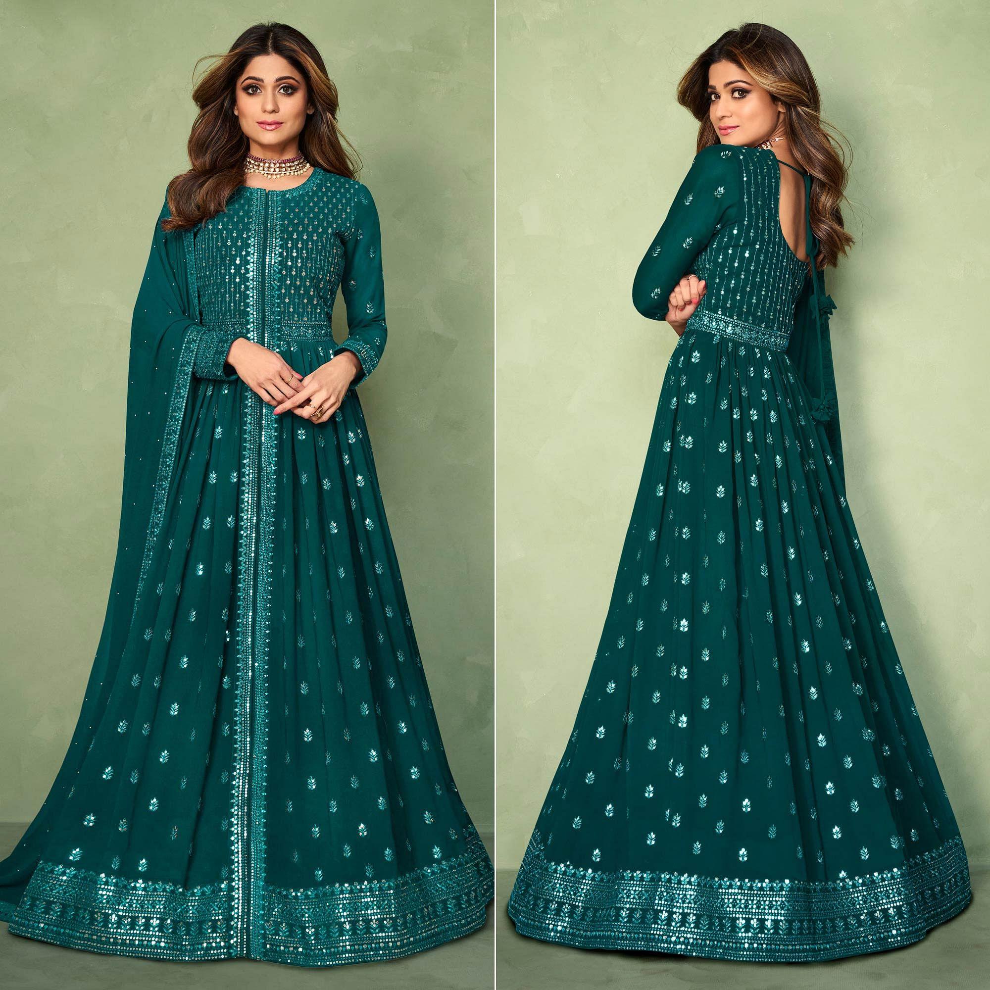 Blue Partywear Sequence Embroidered Georgette Gown - Peachmode