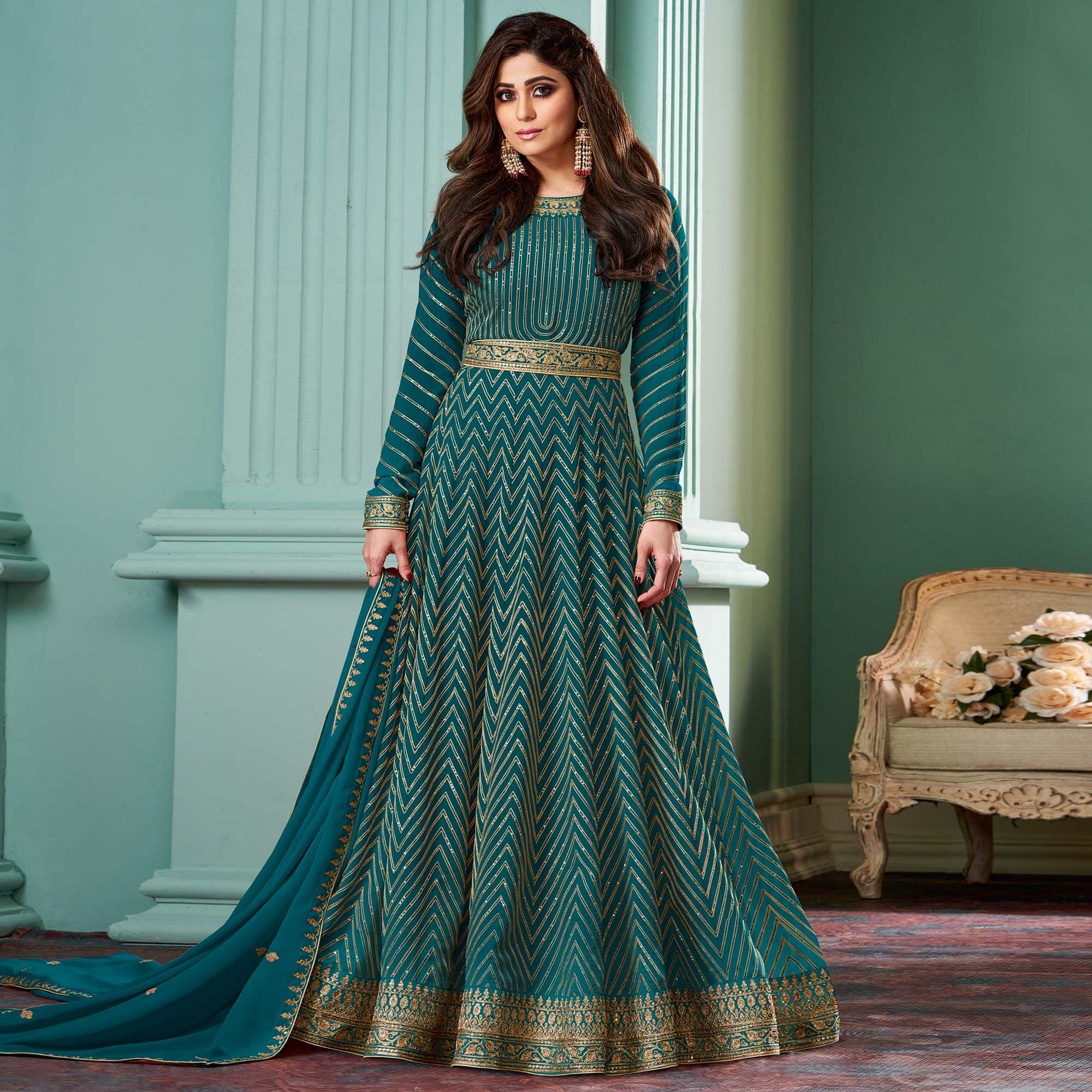 Blue Partywear Sequence Embroidered Georgette Gown - Peachmode