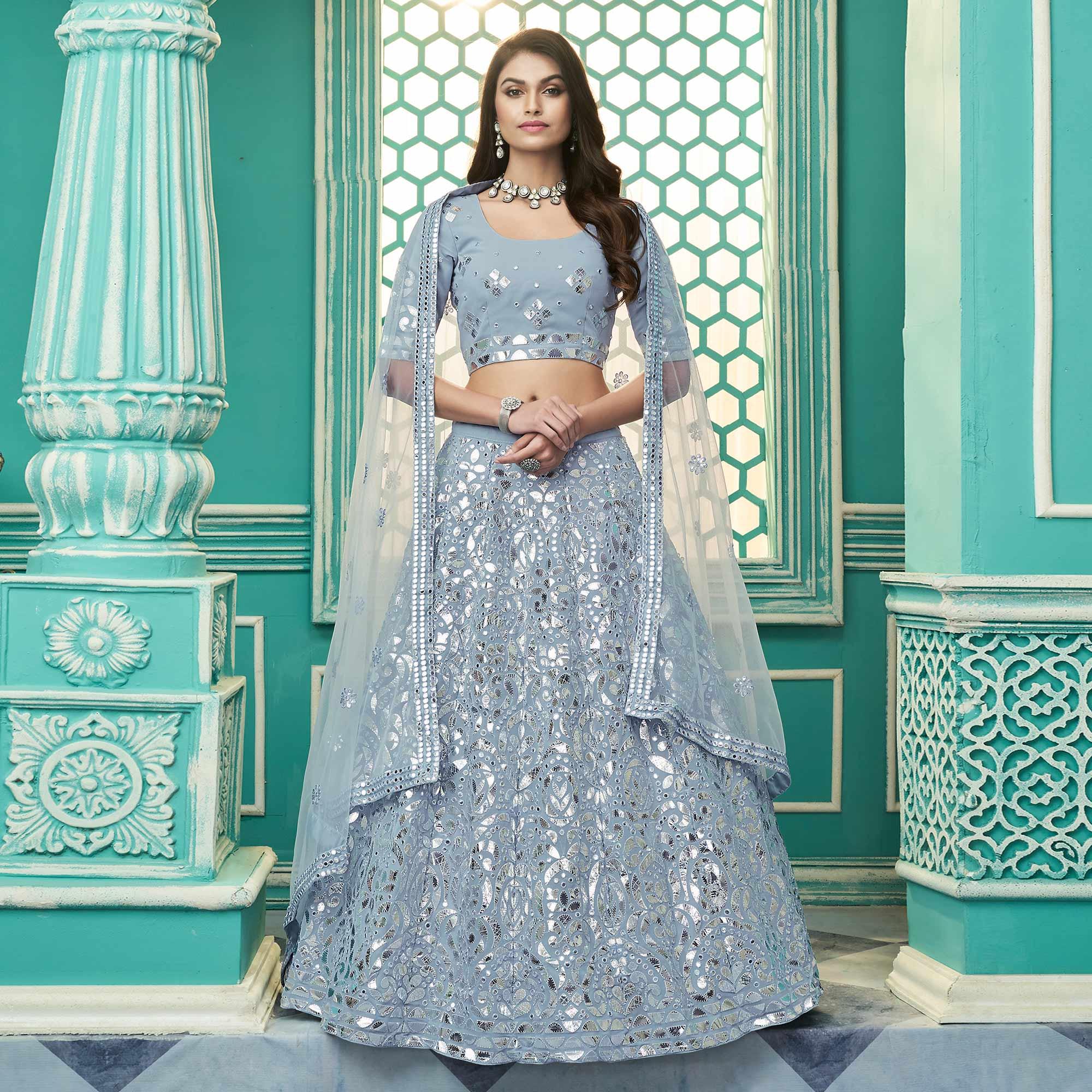 Blue Partywear Sequence Embroidered Georgette Lehenga Choli - Peachmode