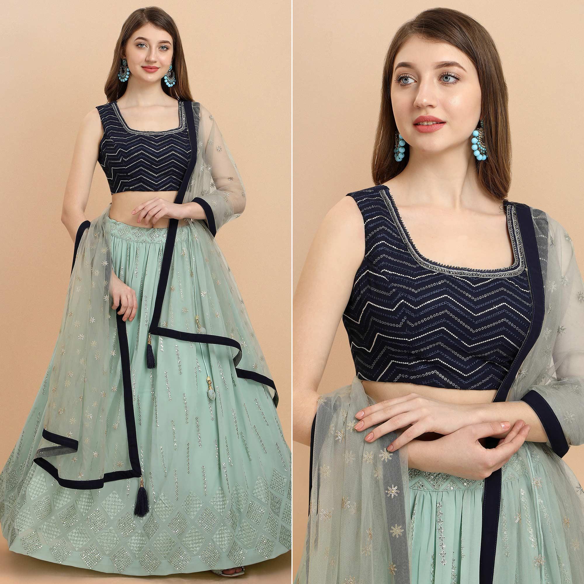 Blue Partywear Sequence Embroidered Georgette Lehenga Choli - Peachmode