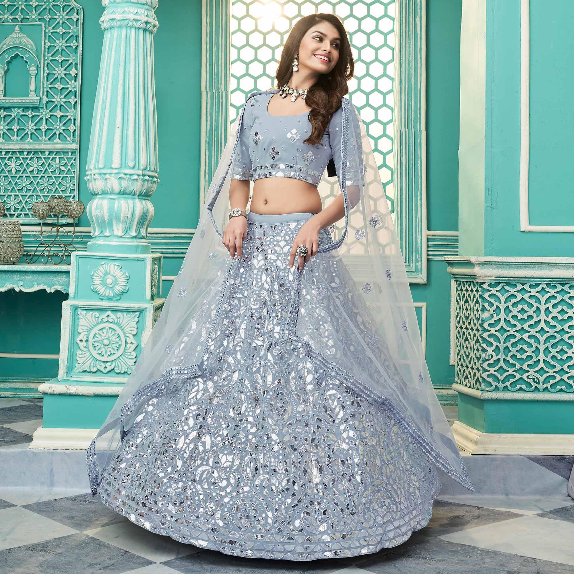 Blue Partywear Sequence Embroidered Georgette Lehenga Choli - Peachmode