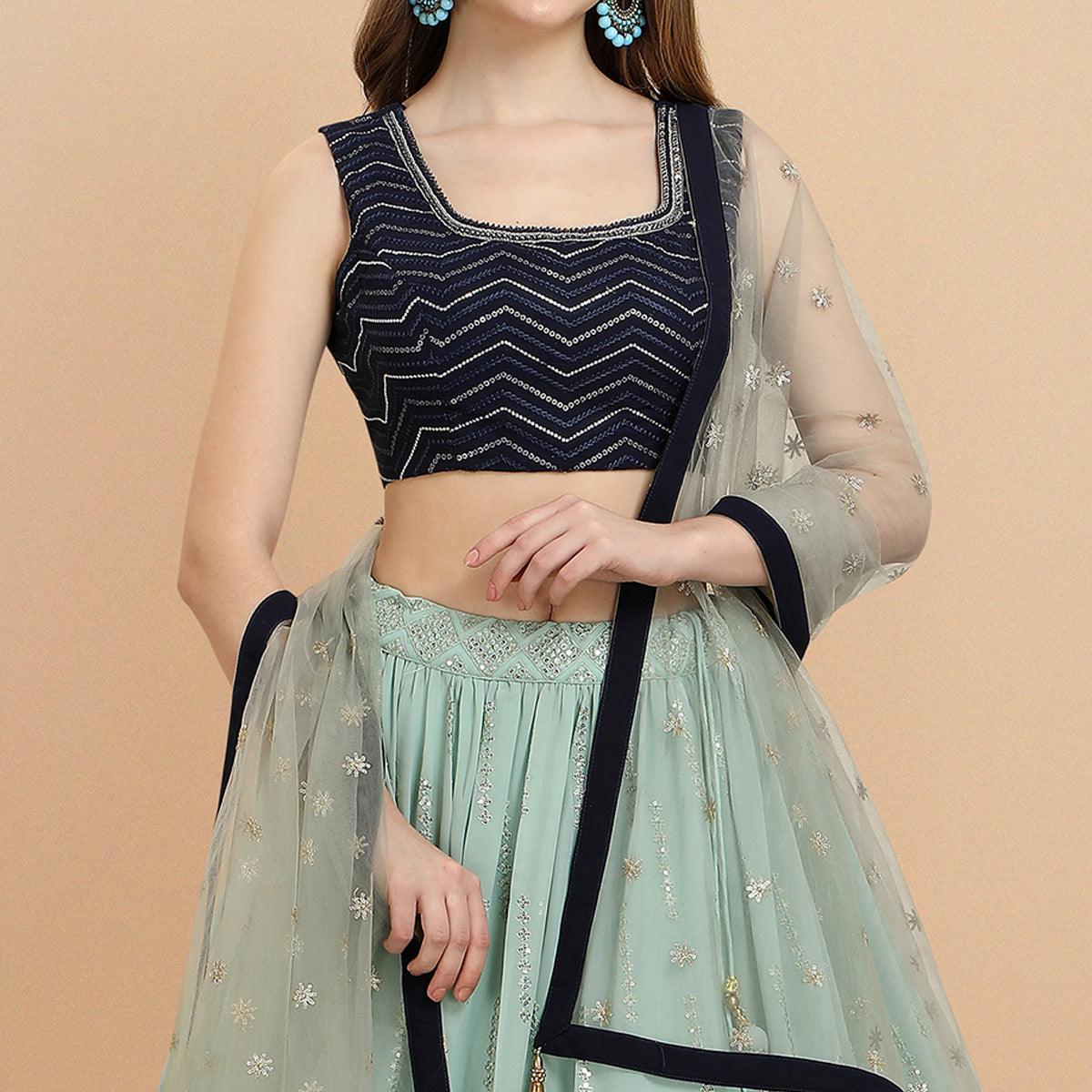 Blue Partywear Sequence Embroidered Georgette Lehenga Choli - Peachmode