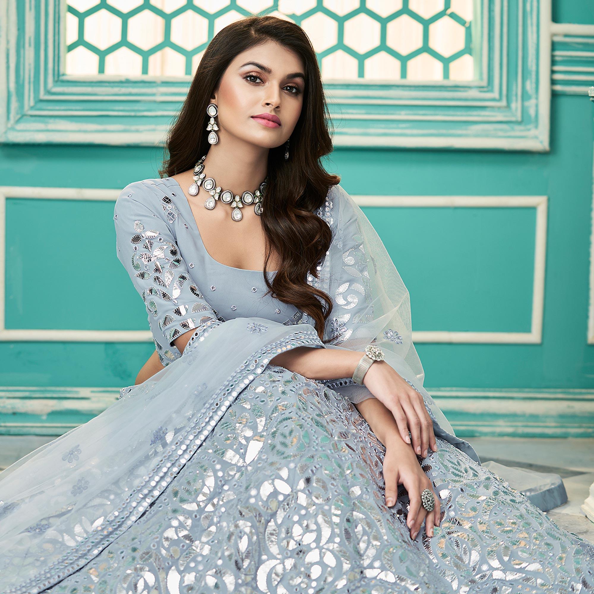 Blue Partywear Sequence Embroidered Georgette Lehenga Choli - Peachmode