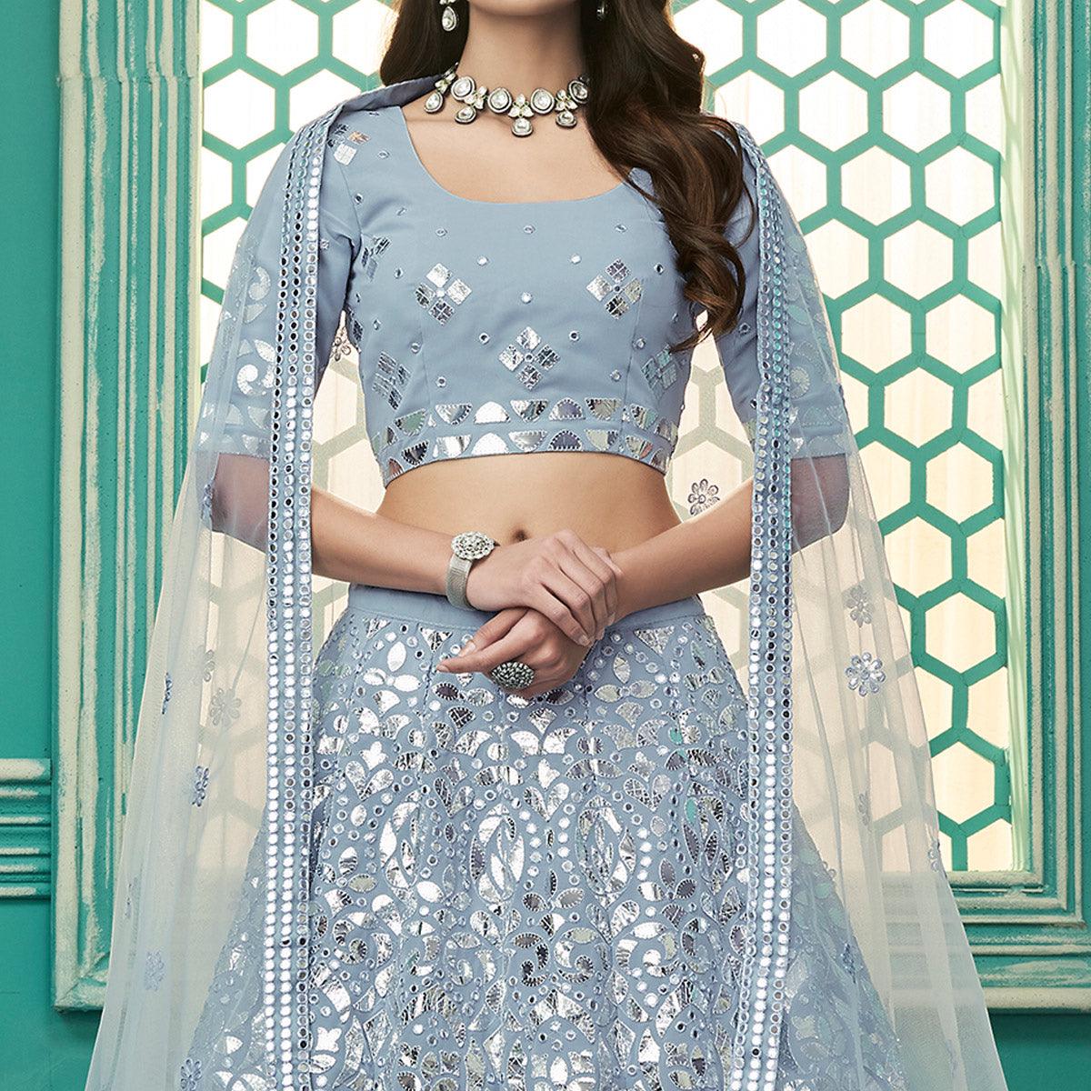 Blue Partywear Sequence Embroidered Georgette Lehenga Choli - Peachmode