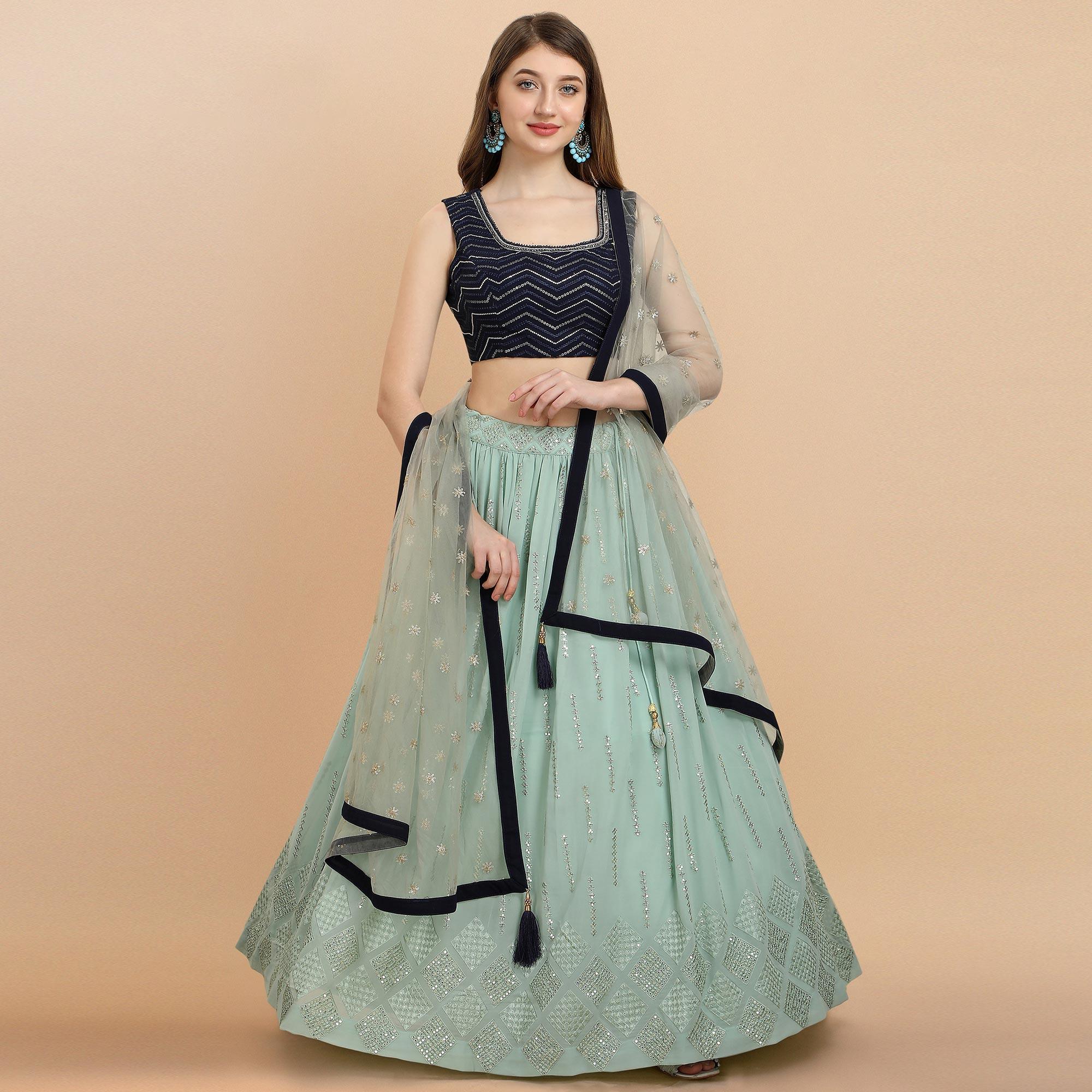 Blue Partywear Sequence Embroidered Georgette Lehenga Choli - Peachmode