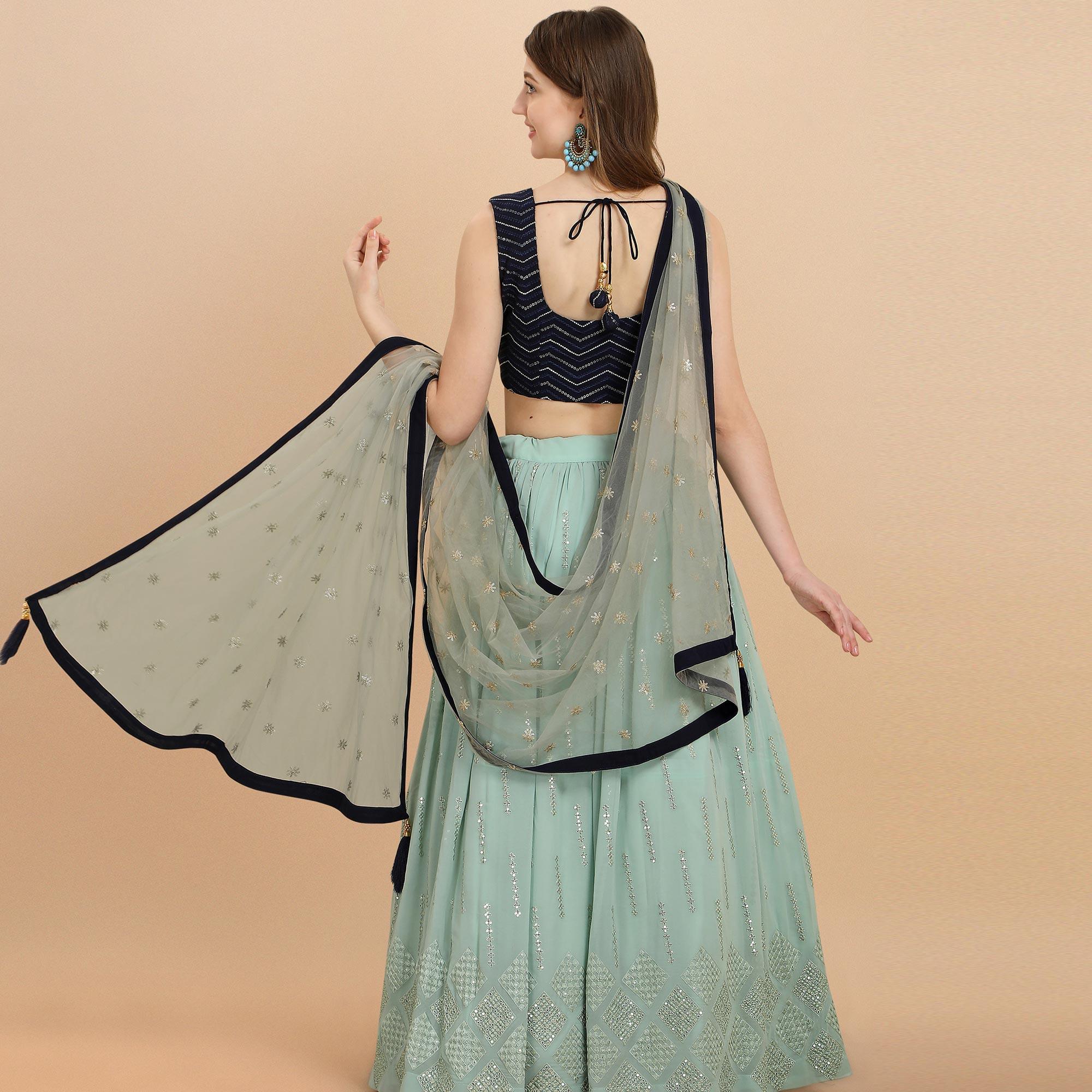 Blue Partywear Sequence Embroidered Georgette Lehenga Choli - Peachmode