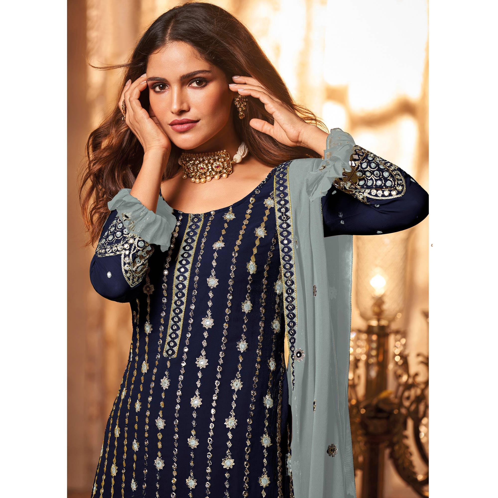 Blue Partywear Sequence Embroidered Georgette Palazzo Suit - Peachmode