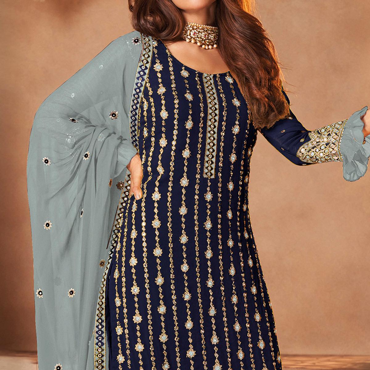 Blue Partywear Sequence Embroidered Georgette Palazzo Suit - Peachmode