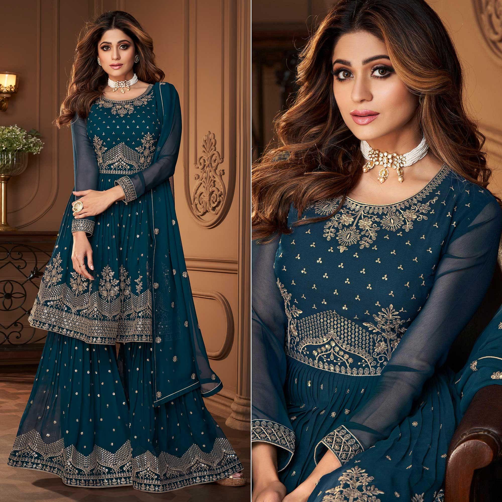 Blue Partywear Sequence Embroidered Georgette Sharara Suit - Peachmode
