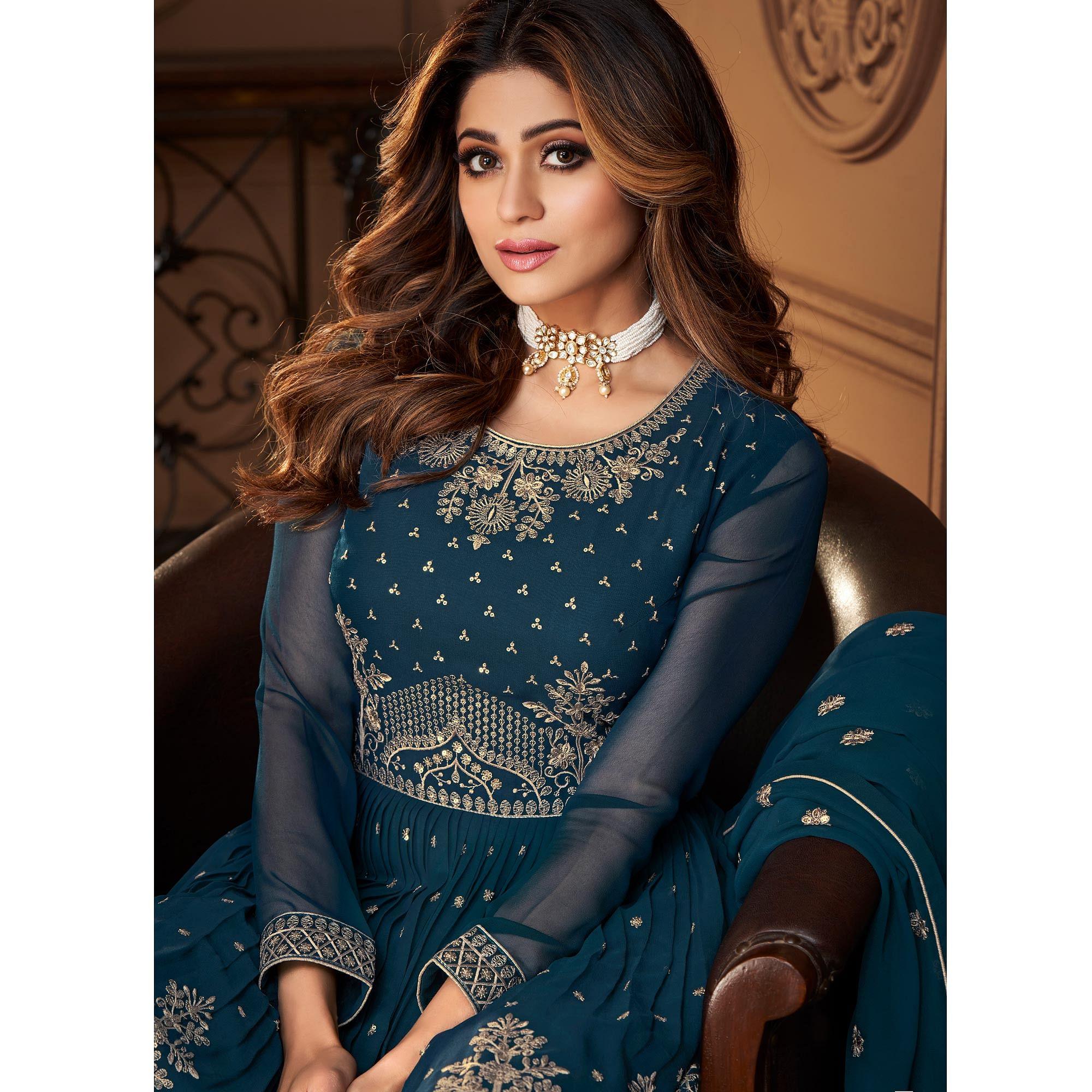 Blue Partywear Sequence Embroidered Georgette Sharara Suit - Peachmode
