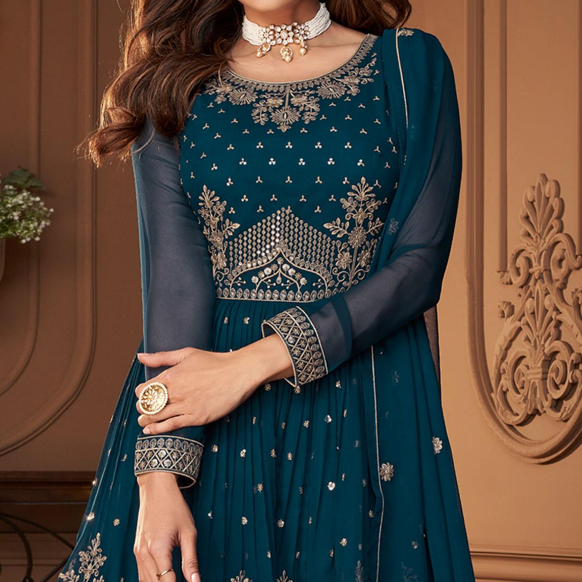 Blue Partywear Sequence Embroidered Georgette Sharara Suit - Peachmode
