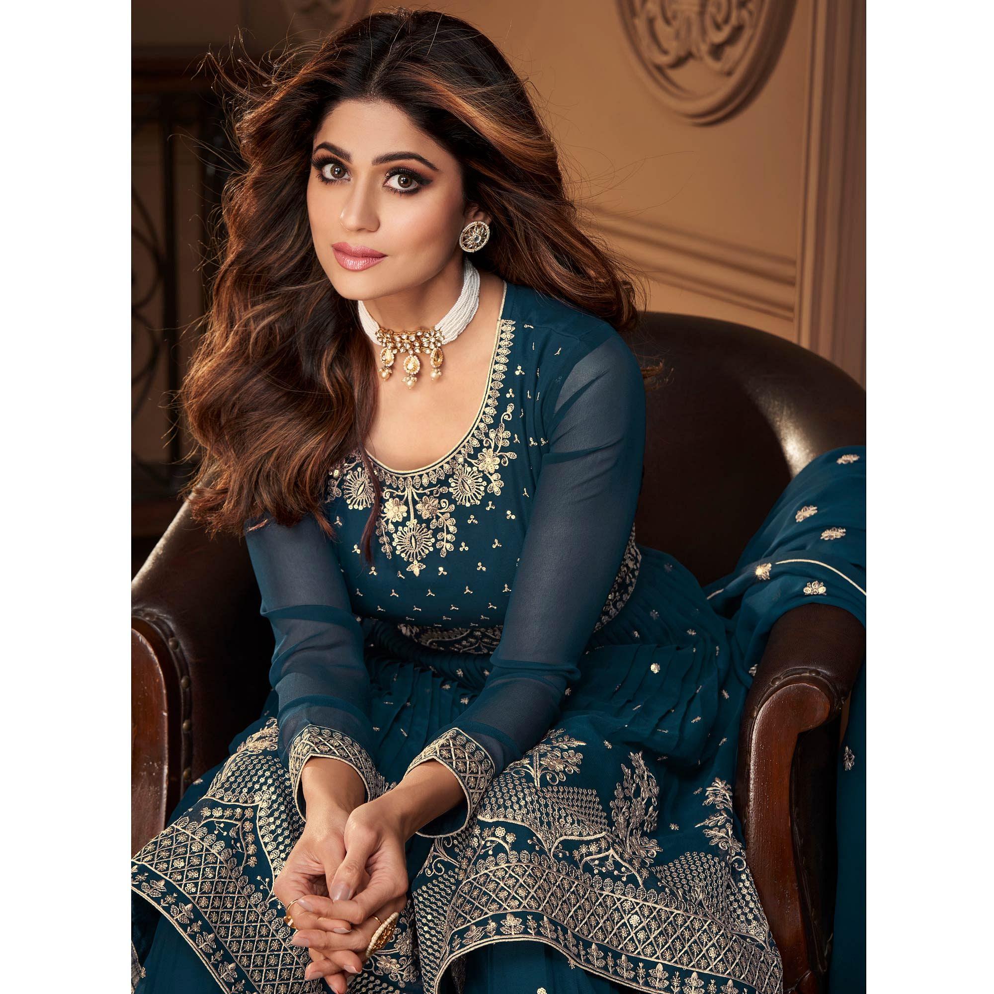 Blue Partywear Sequence Embroidered Georgette Sharara Suit - Peachmode