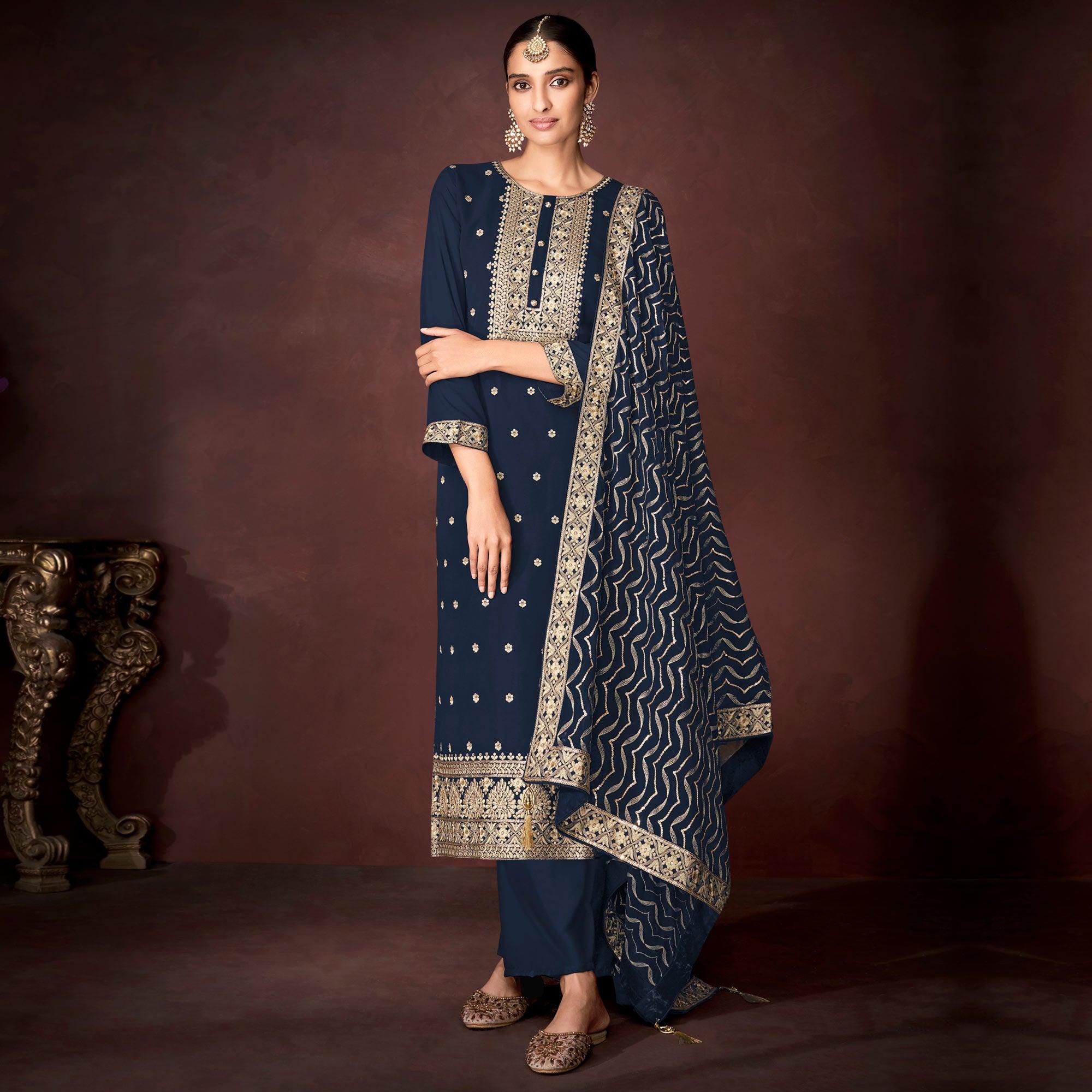 Blue Partywear Sequence Embroidered Heavy Faux Georgette Palazzo Suit - Peachmode