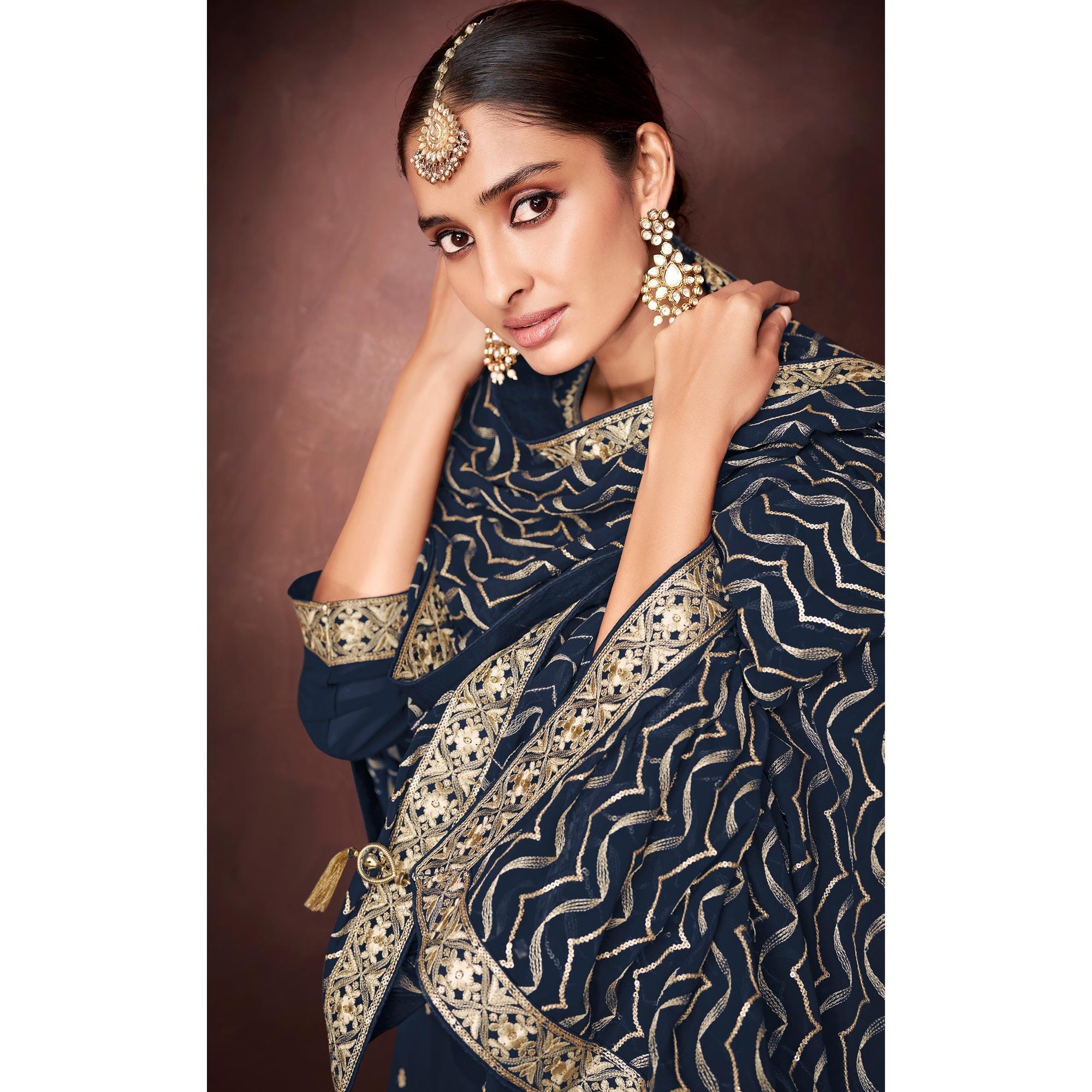 Blue Partywear Sequence Embroidered Heavy Faux Georgette Palazzo Suit - Peachmode