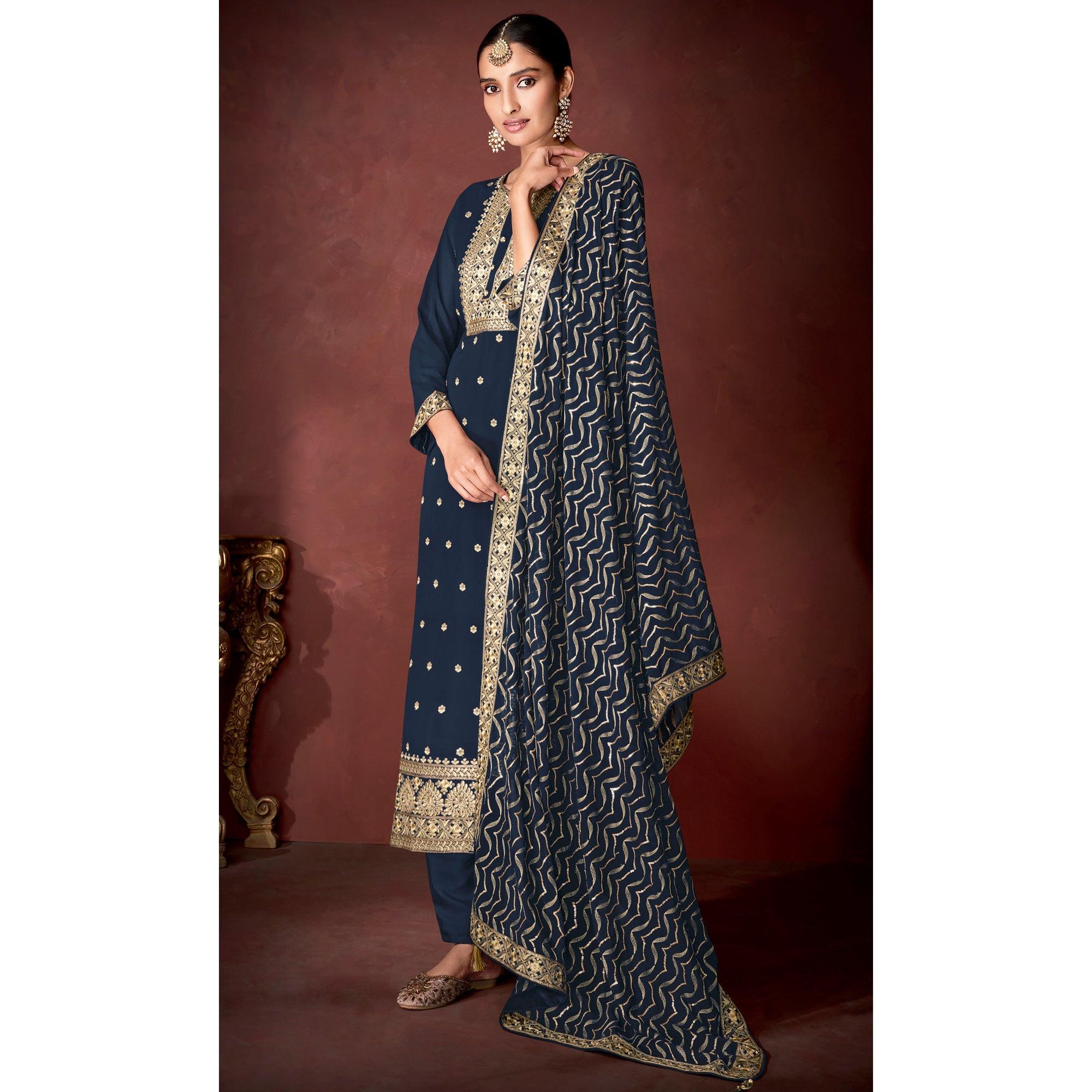 Blue Partywear Sequence Embroidered Heavy Faux Georgette Palazzo Suit - Peachmode