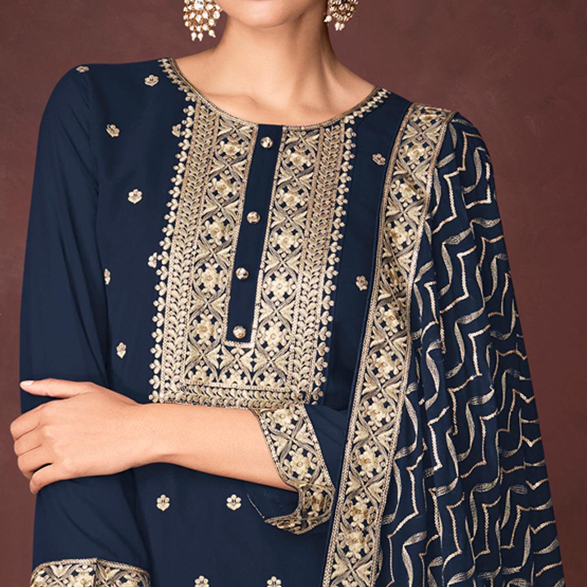 Blue Partywear Sequence Embroidered Heavy Faux Georgette Palazzo Suit - Peachmode