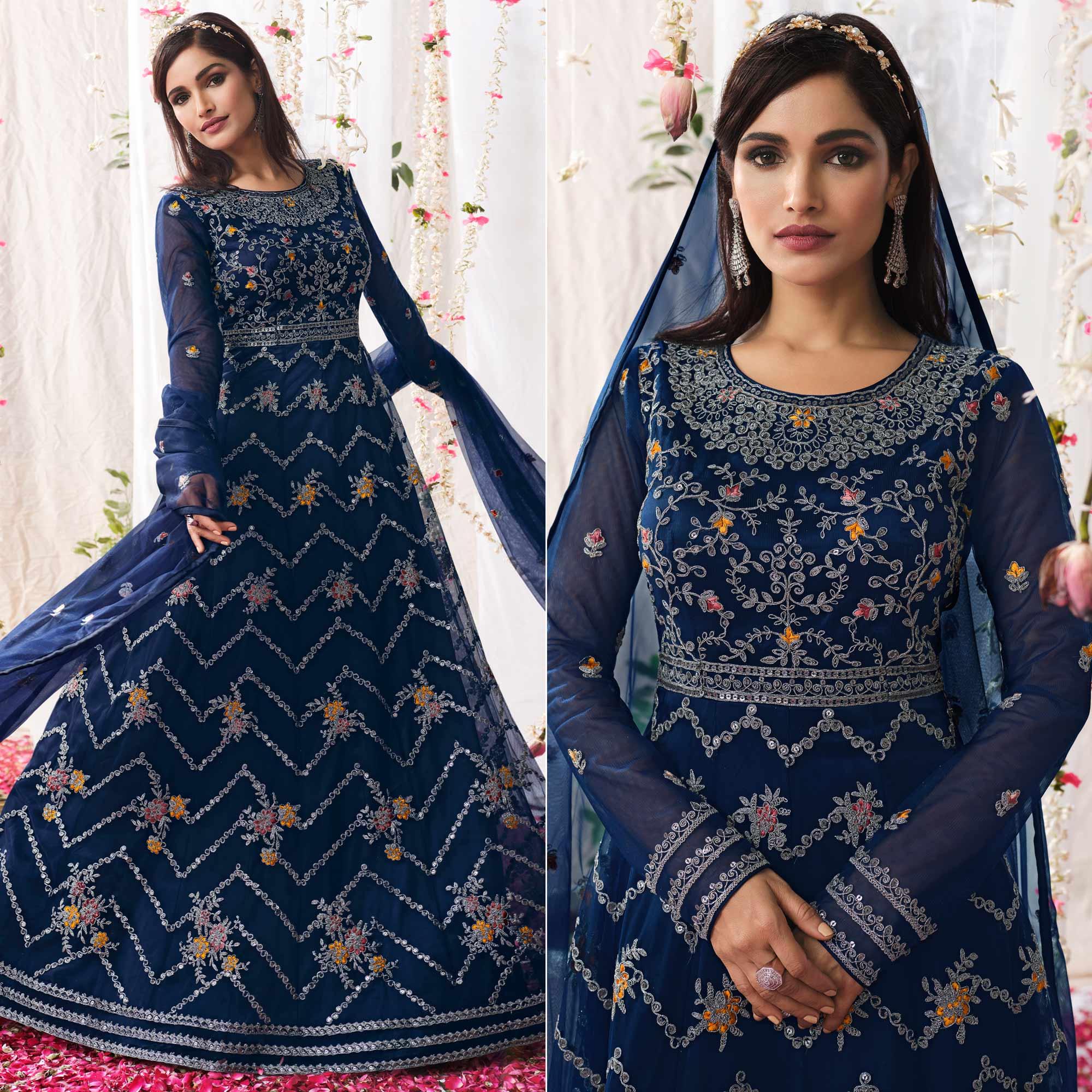 Blue Partywear Sequence Embroidered Net Gown - Peachmode