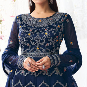 Blue Partywear Sequence Embroidered Net Gown - Peachmode