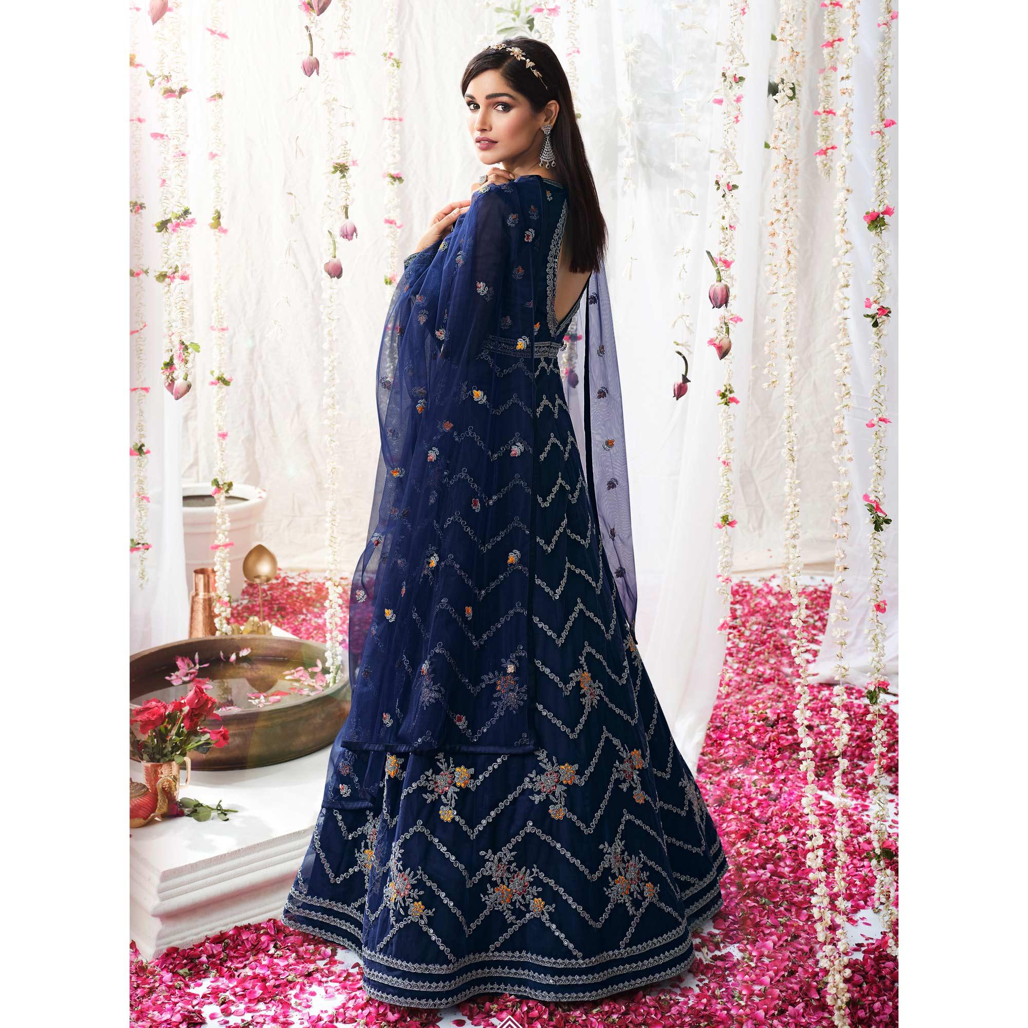 Blue Partywear Sequence Embroidered Net Gown - Peachmode