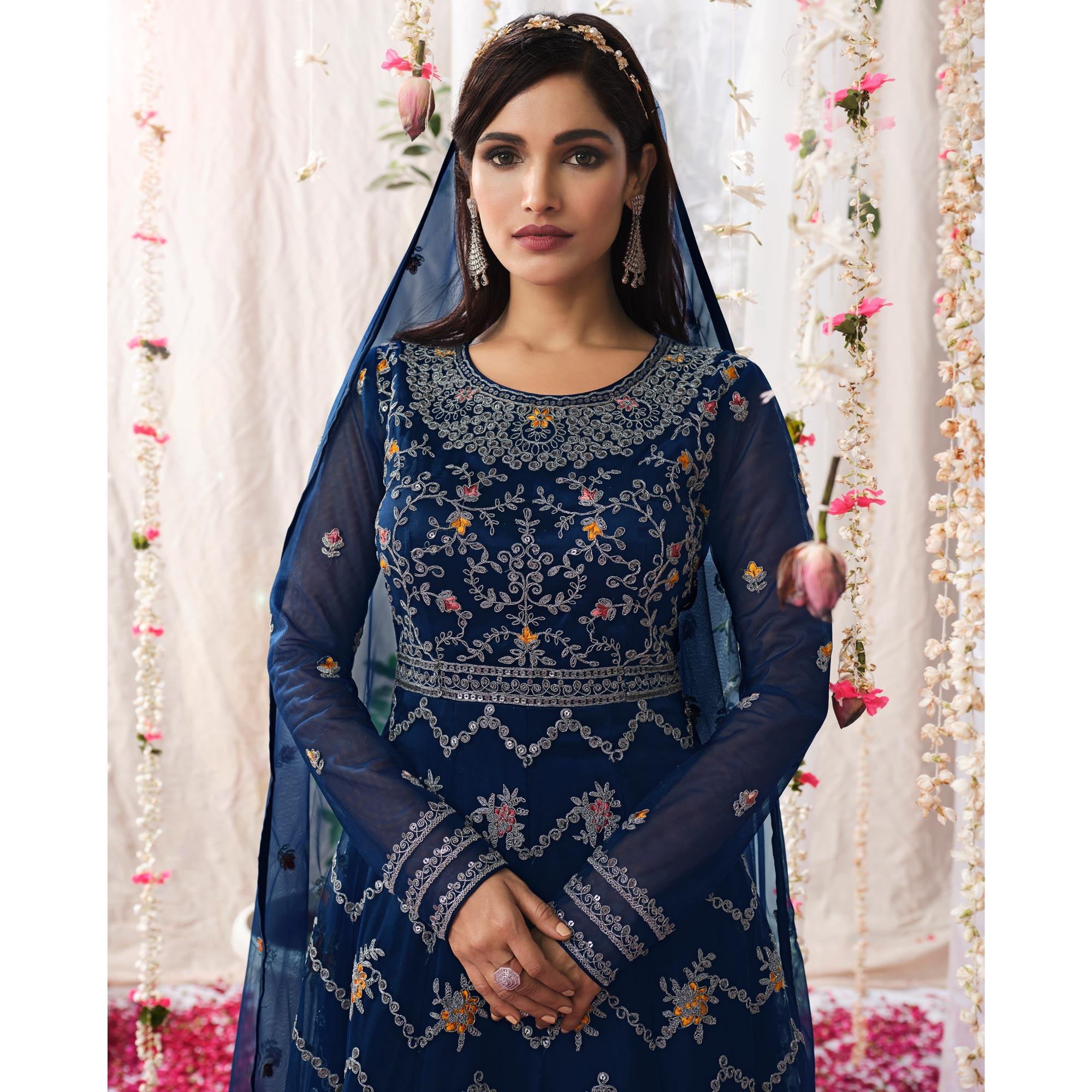 Blue Partywear Sequence Embroidered Net Gown - Peachmode