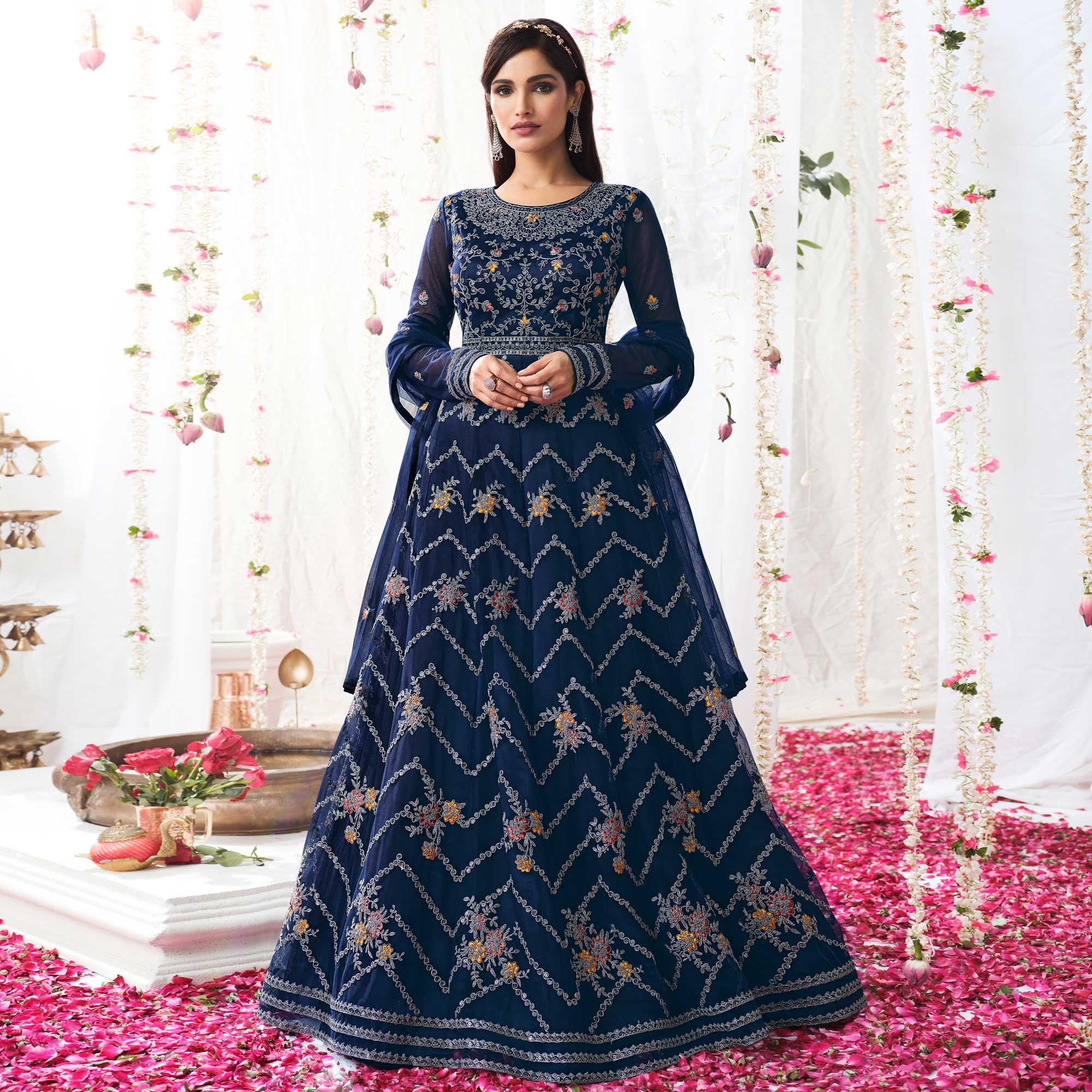 Blue Partywear Sequence Embroidered Net Gown - Peachmode