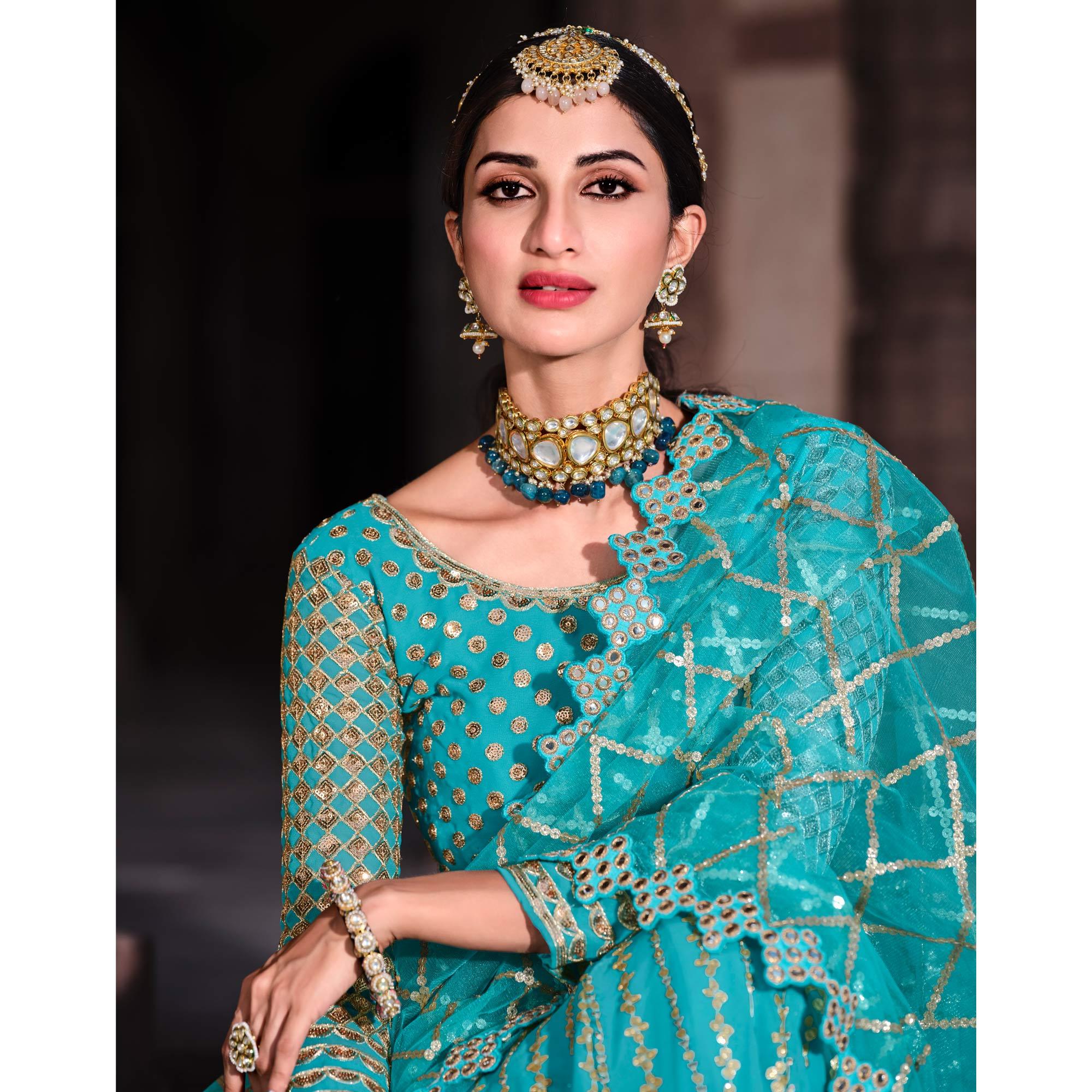 Blue Partywear Sequence With Zari Work Georgette Lehenga Choli - Peachmode