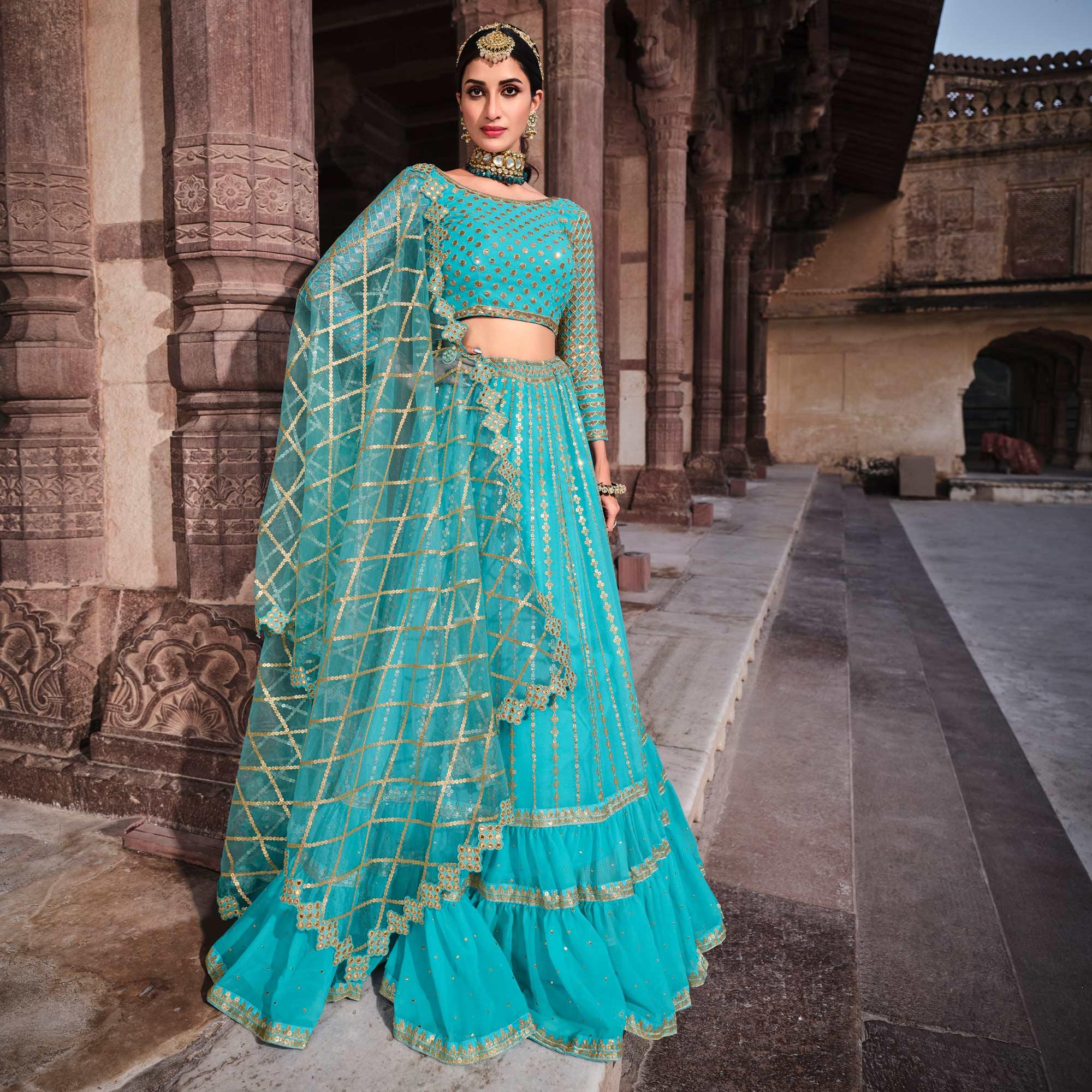 Blue Partywear Sequence With Zari Work Georgette Lehenga Choli - Peachmode