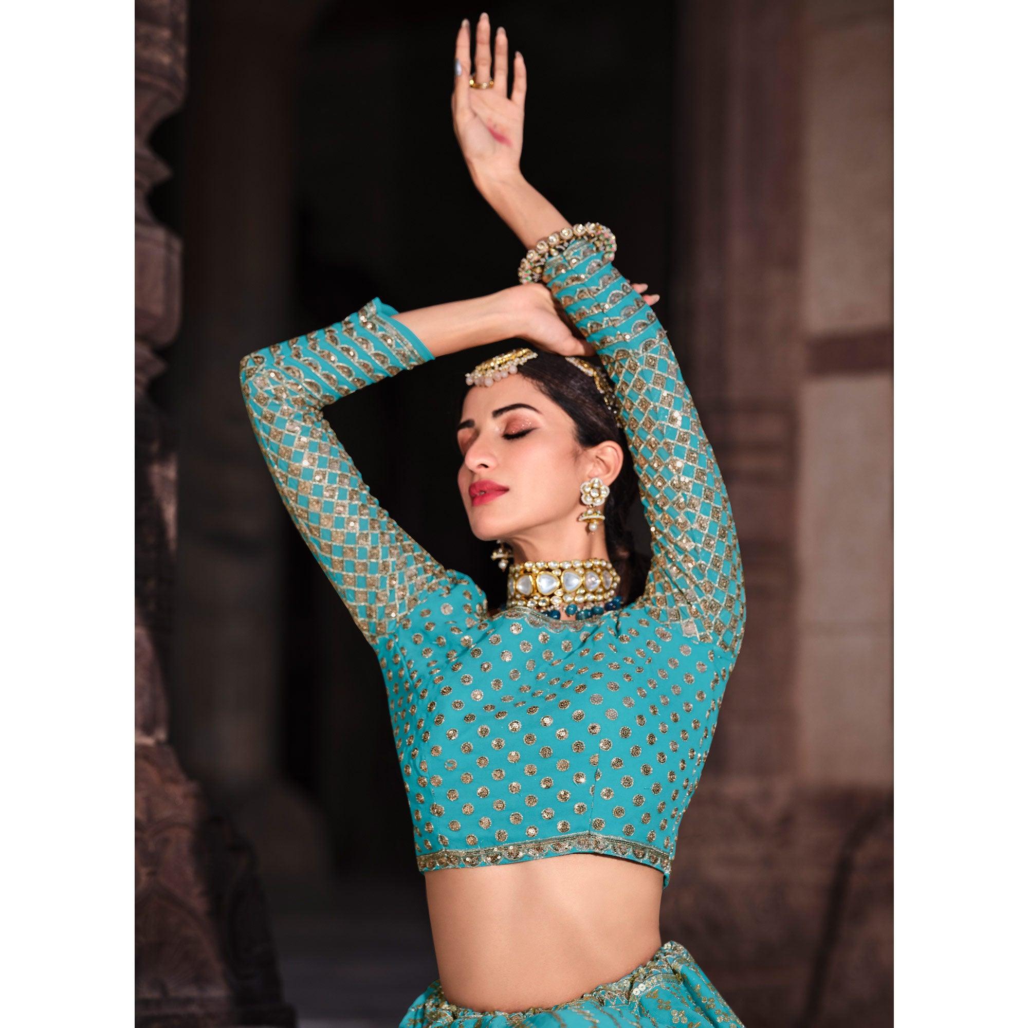 Blue Partywear Sequence With Zari Work Georgette Lehenga Choli - Peachmode