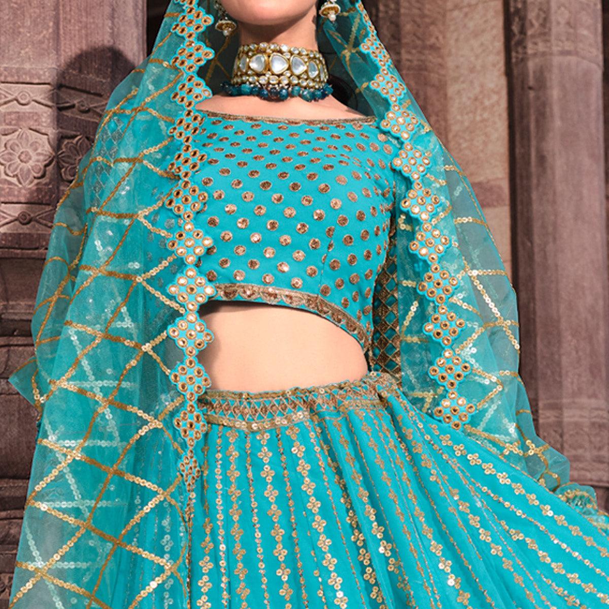 Blue Partywear Sequence With Zari Work Georgette Lehenga Choli - Peachmode