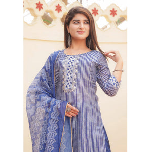 Blue Partywear Striped Print With Embellished Chanderi Kurti Pant Set With Dupatta - Peachmode