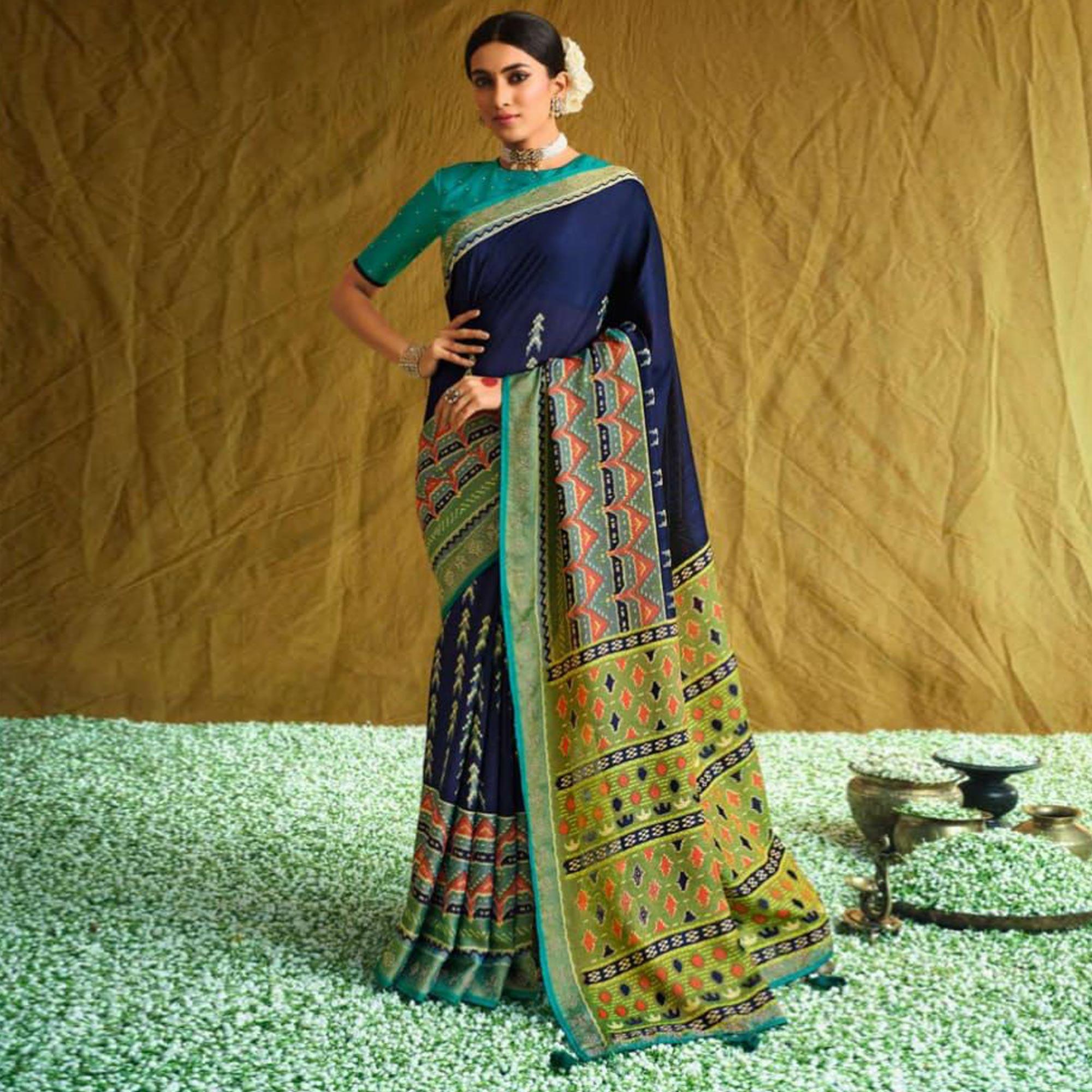 Blue Partywear Weaving Resham Work Brasso Saree - Peachmode