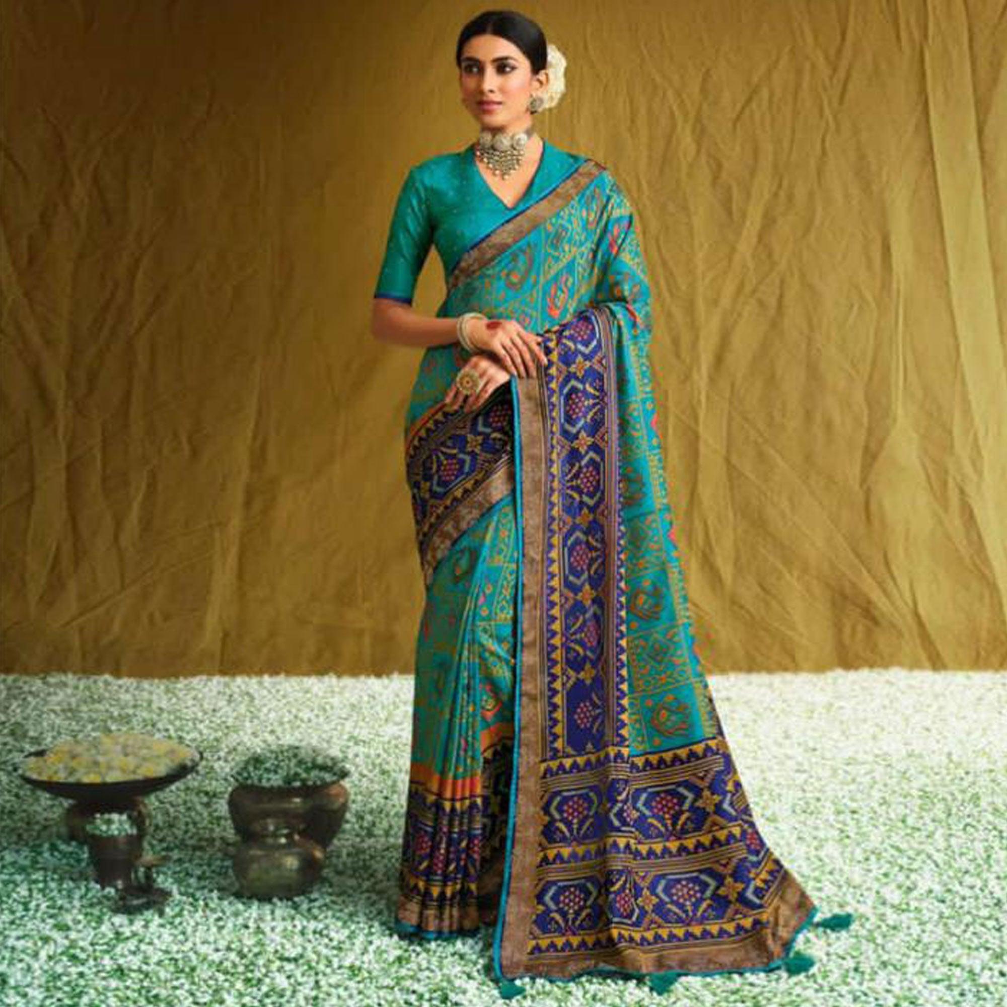 Blue Partywear Weaving Resham Work Brasso Saree - Peachmode