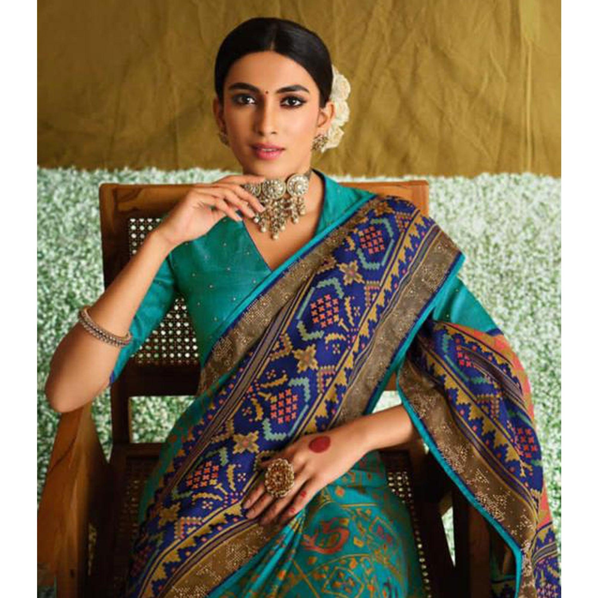 Blue Partywear Weaving Resham Work Brasso Saree - Peachmode