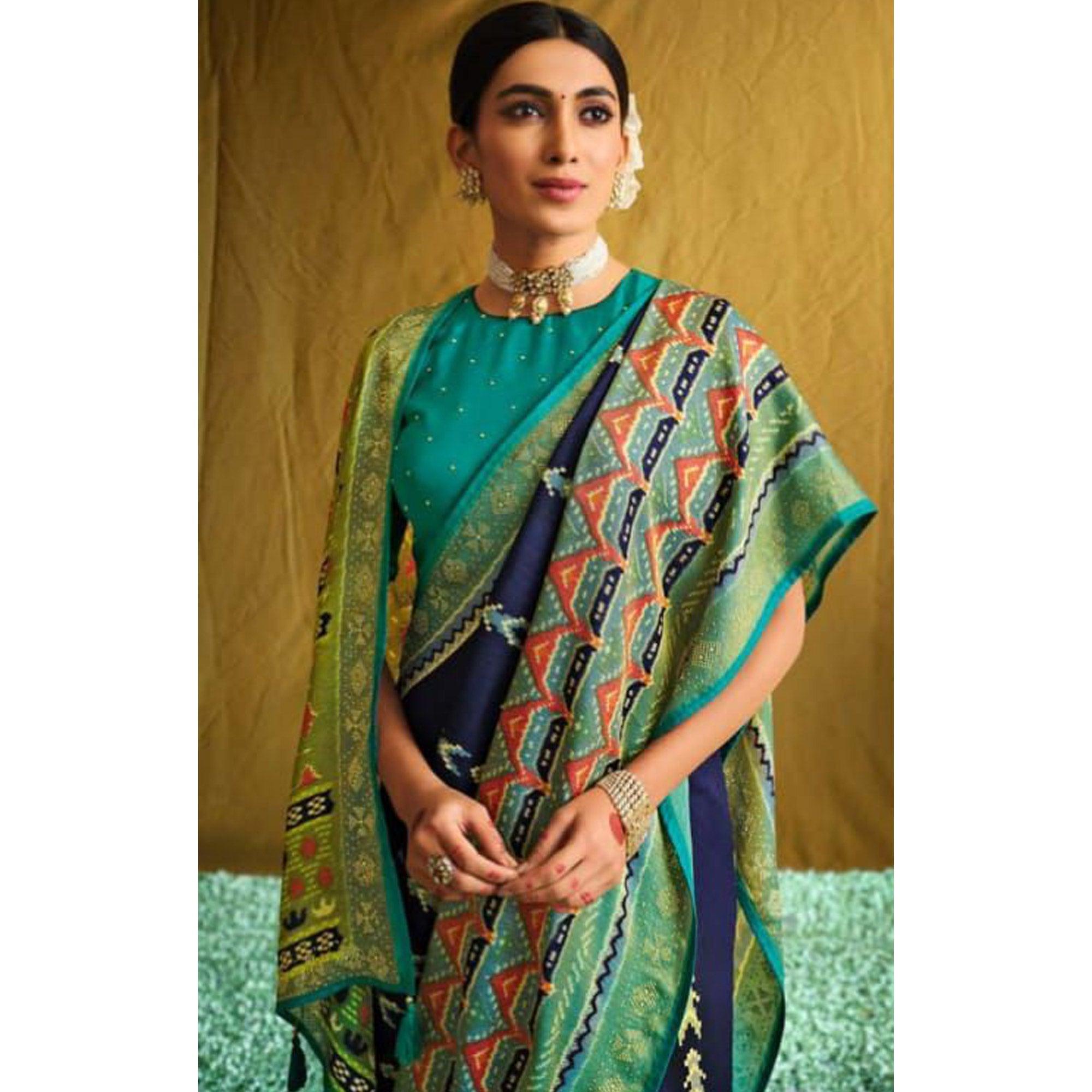 Blue Partywear Weaving Resham Work Brasso Saree - Peachmode